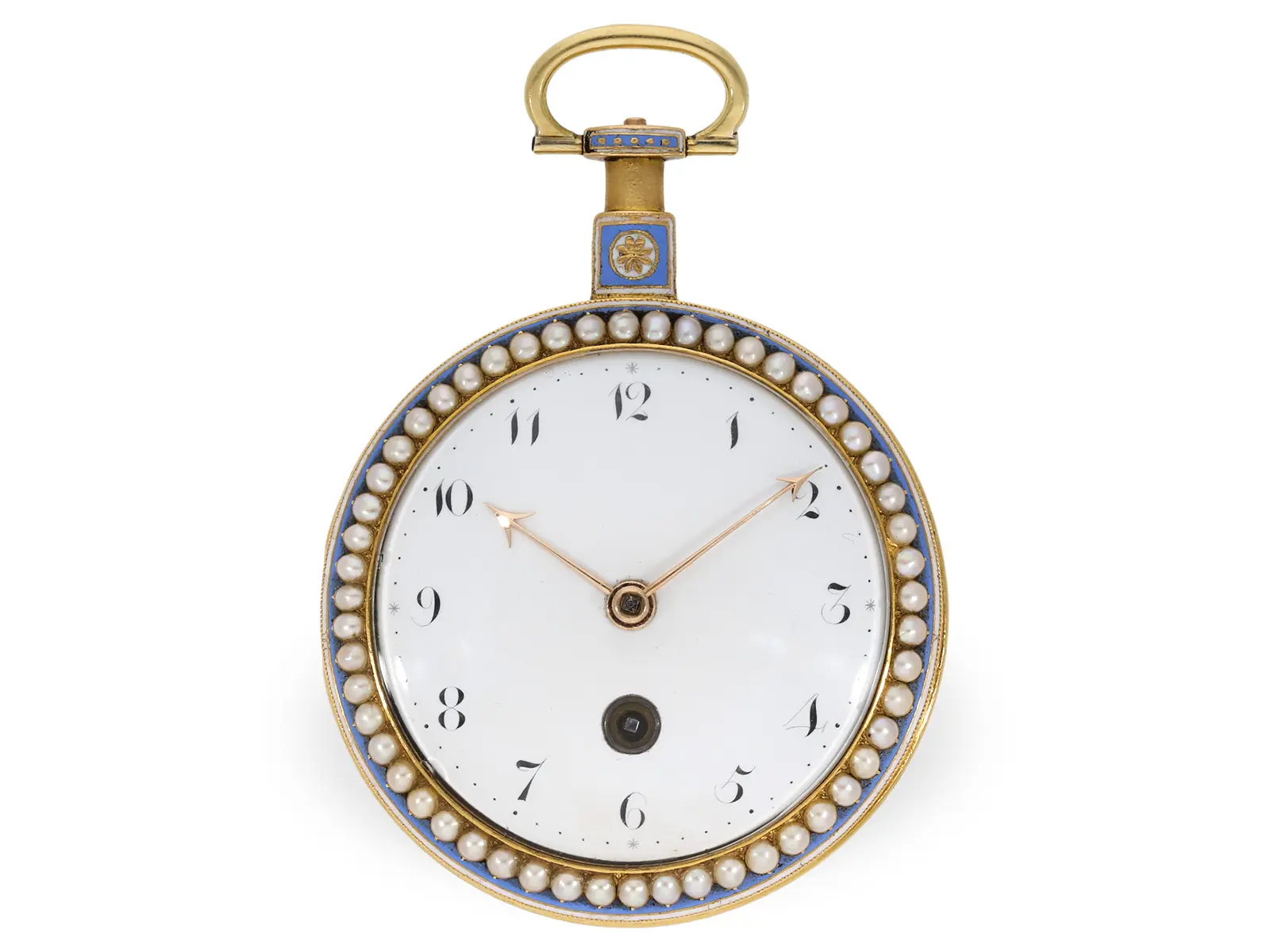 Pocket watch: large English gold and enamel watch with special escapement
