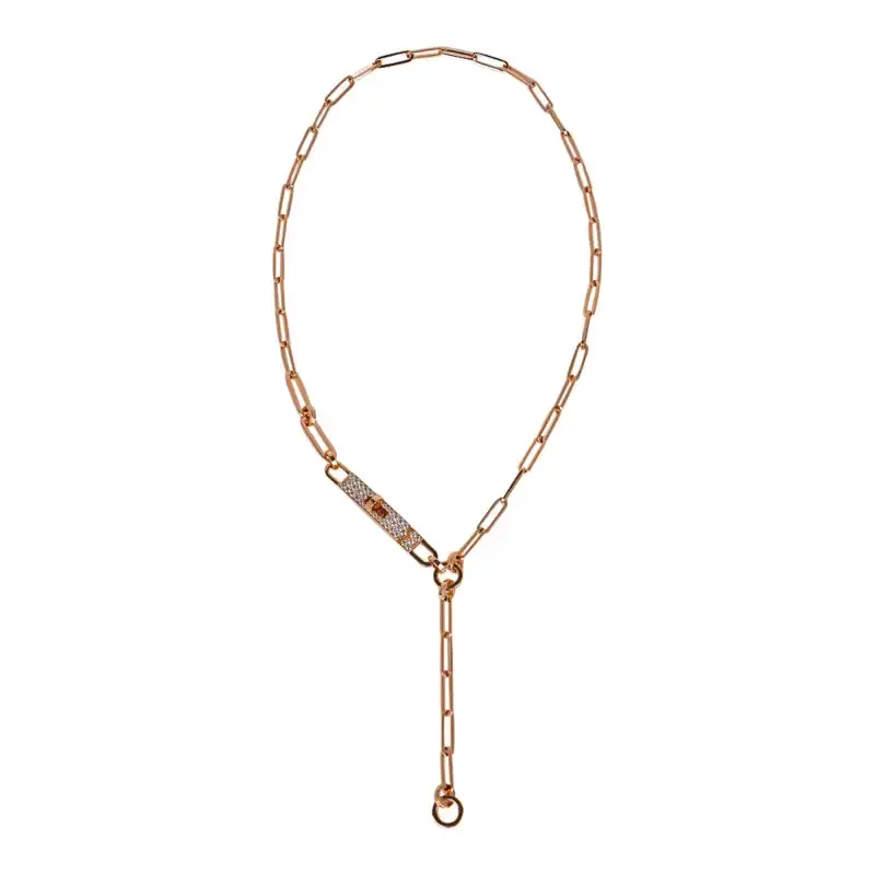 Hermes Kelly Chaine Lariat Necklace 18K Rose Gold with Diamond Accent