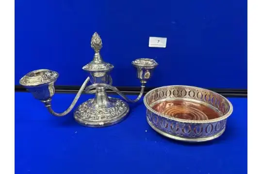 Silver plated candelabra & wine coaster