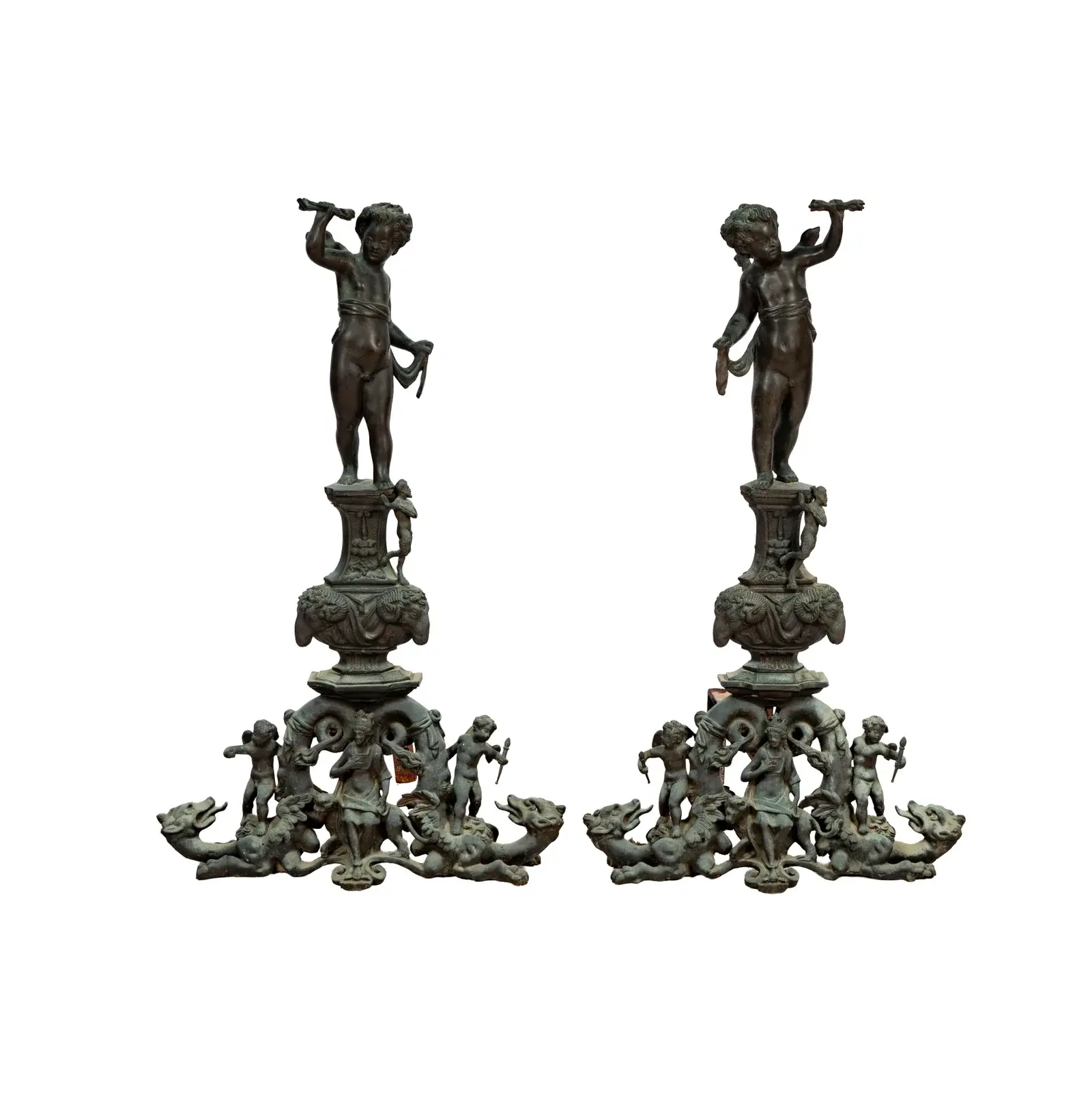 A Pair of Continental Bronze Figural Andirons
