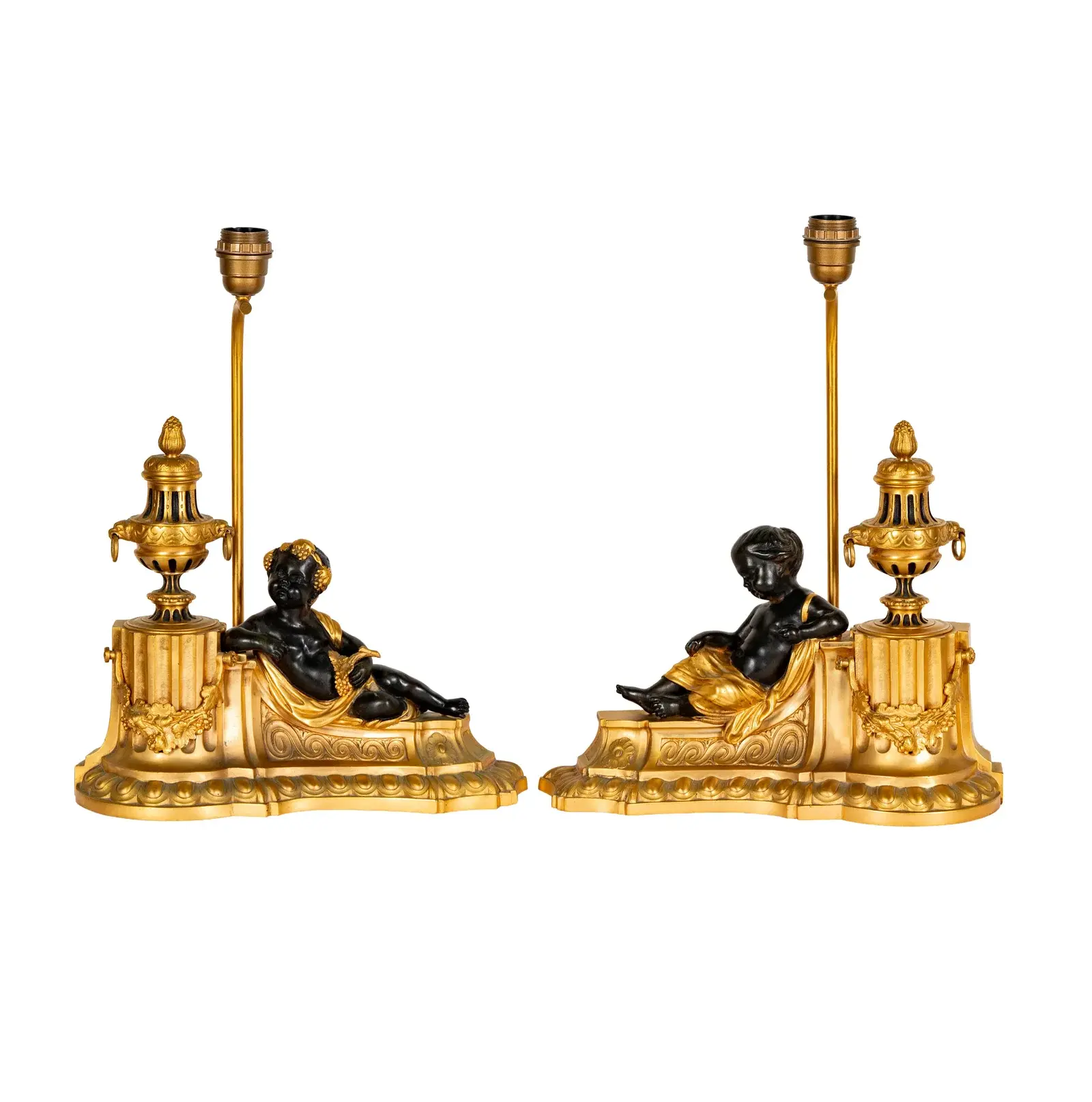 A Pair of Louis XVI Gilt and Patinated Bronze Figural Chenets