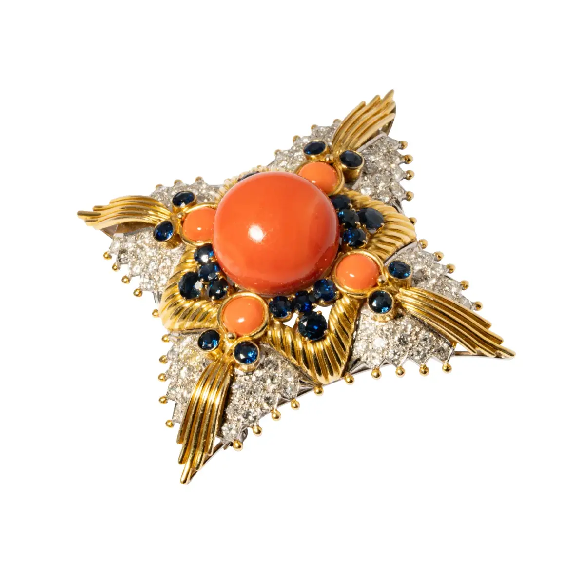 14-Karat Yellow and White Gold Coral, Sapphire and Diamond Brooch/Pendant