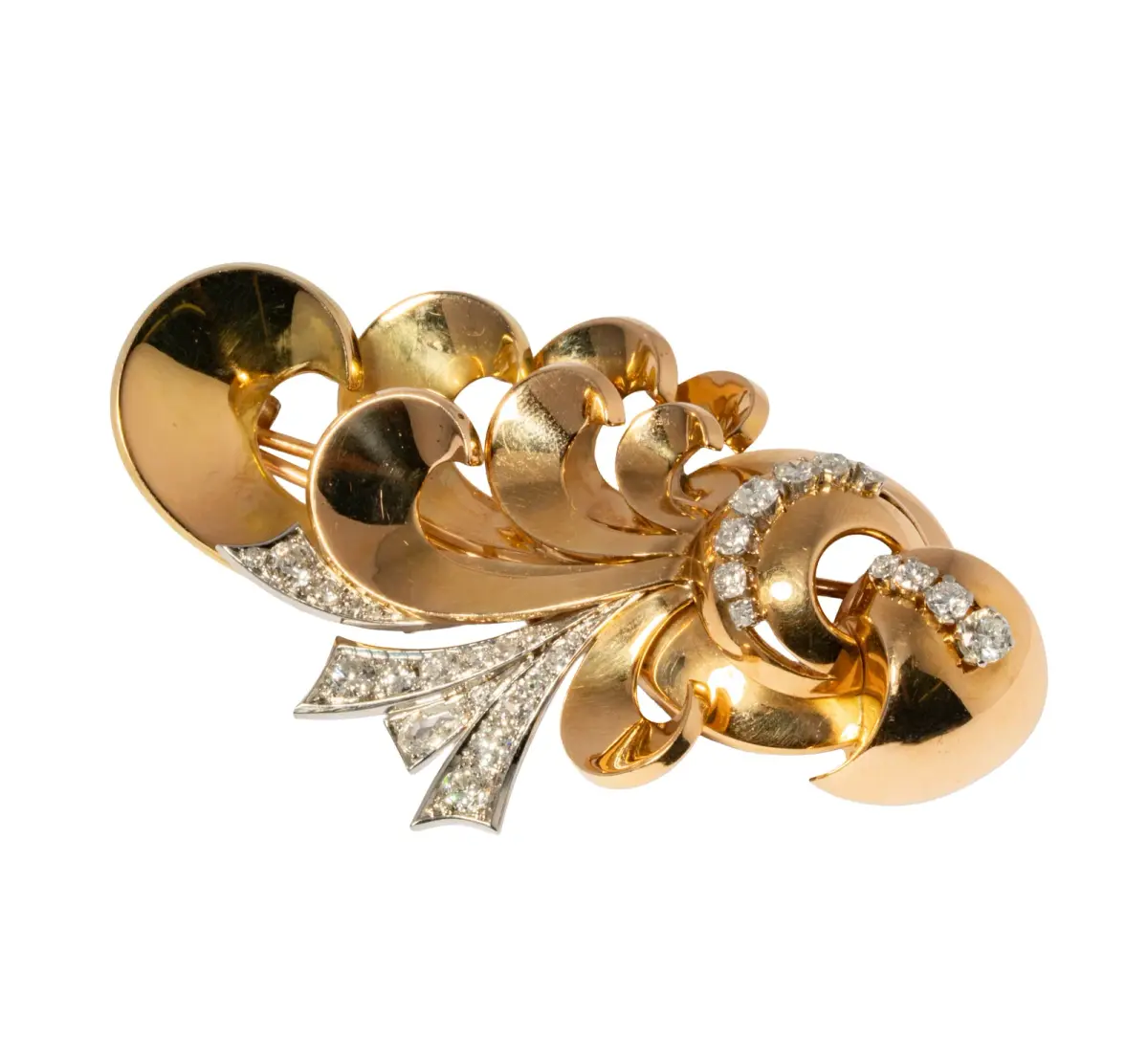 18-Karat Yellow Gold and Platinum Diamond Retro Brooch, French