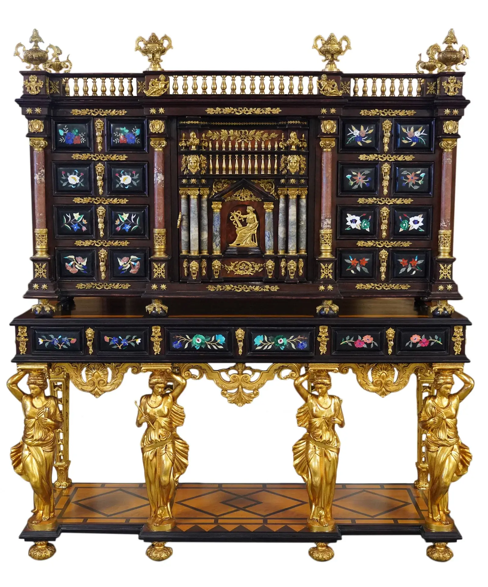 An Italian Pietra Dura Inlaid Vargueno on Stand