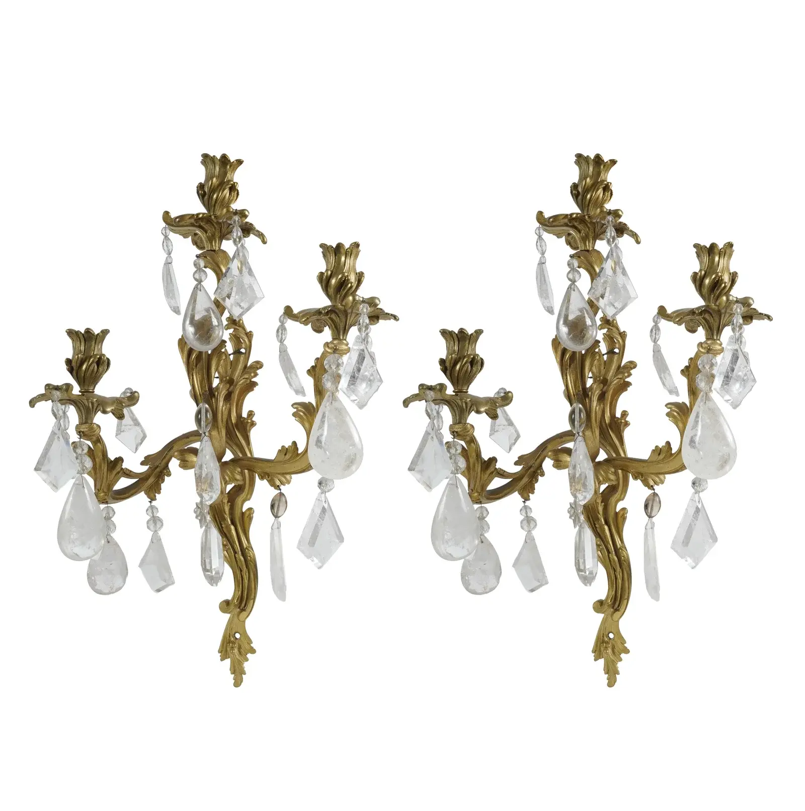 A Pair of French Louis XV-Style Gilt Bronze and Rock Crystal Sconces