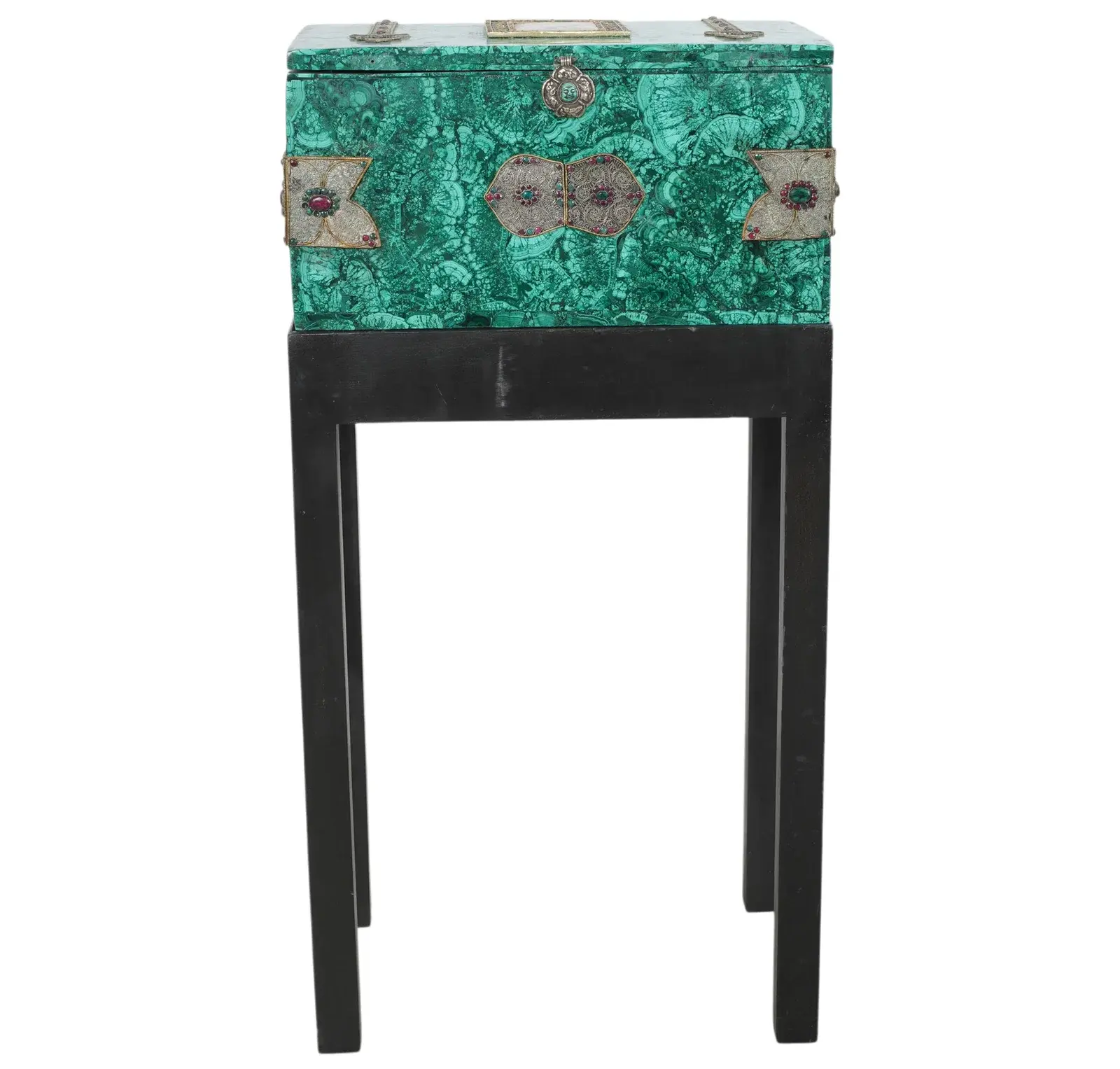 A Jeweled Malachite Box on Stand