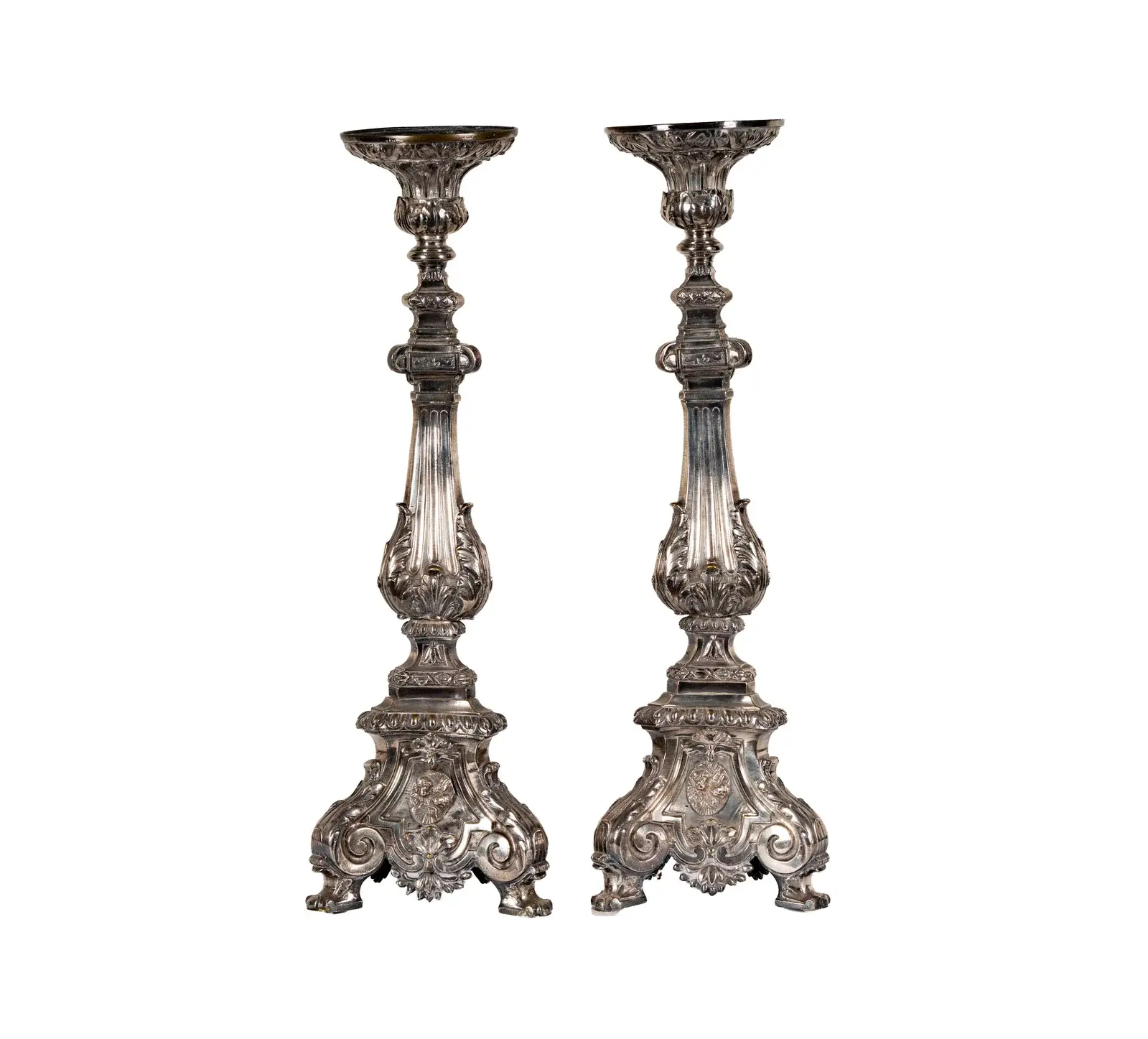 A Pair of Continental Silvered Bronze Altar Candlesticks