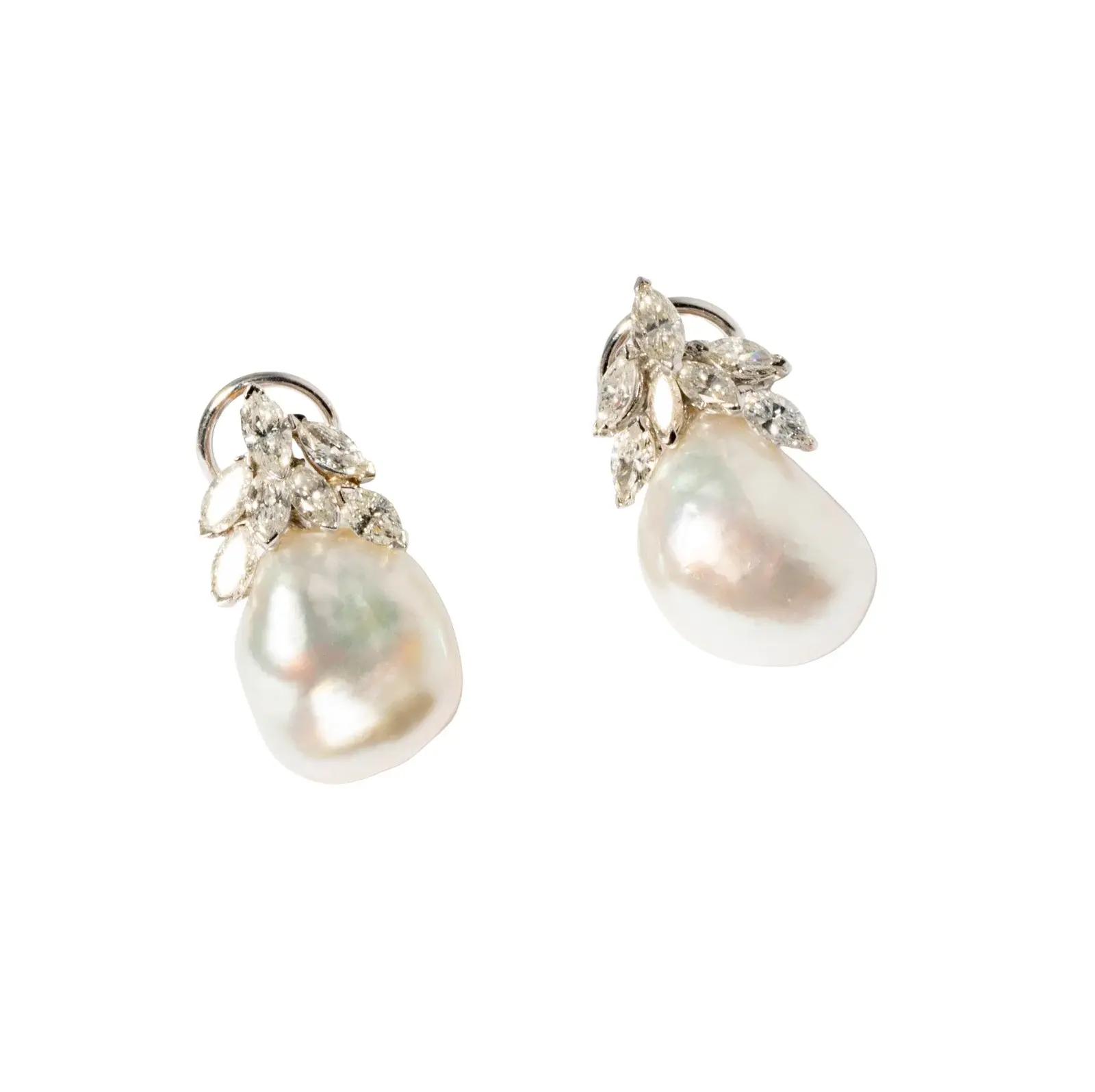 14-Karat White Gold Cultured South Sea Baroque Pearl and Diamond Earrings