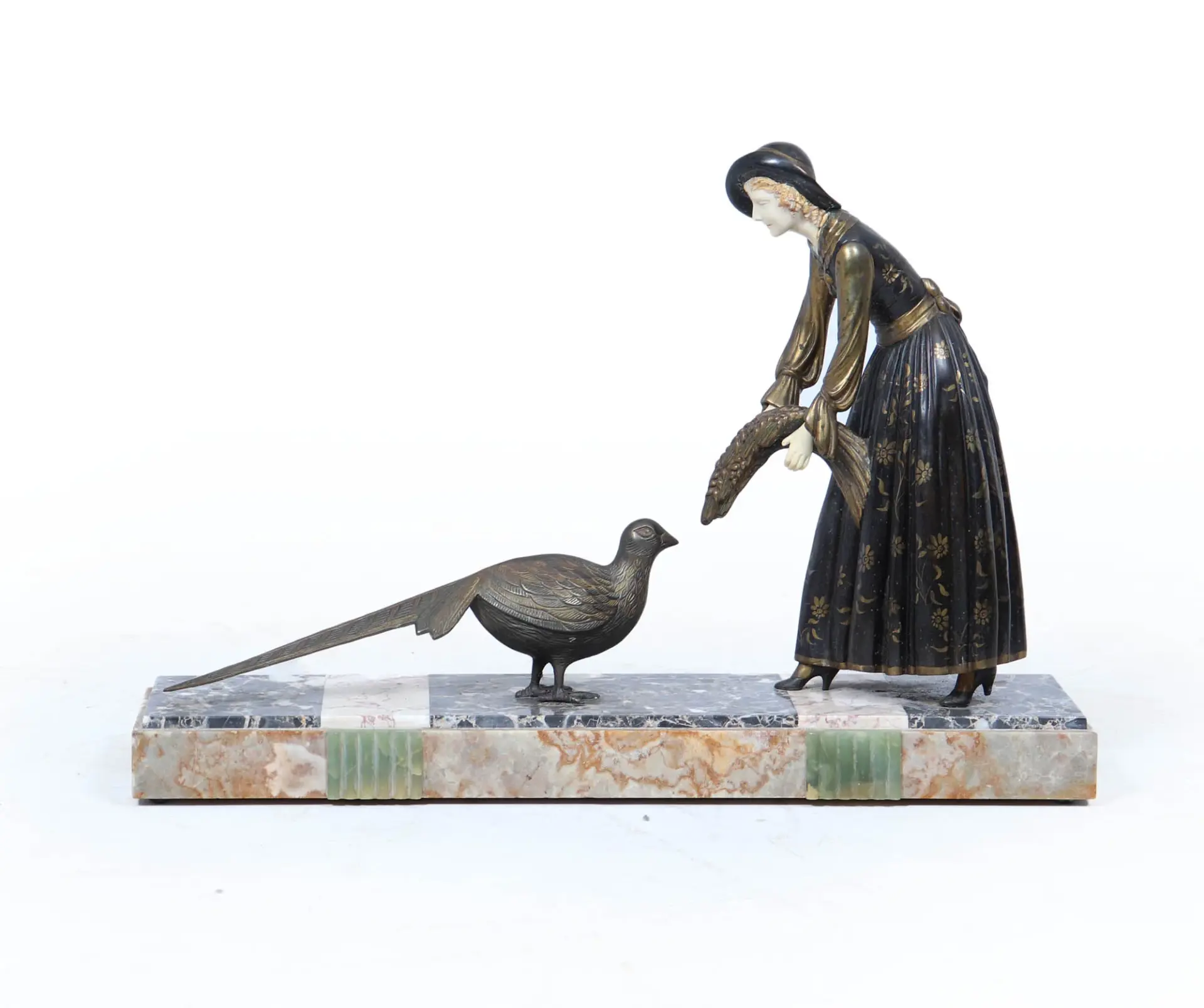 Art Deco Sculpture with Marble Base– Woman with Pheasant