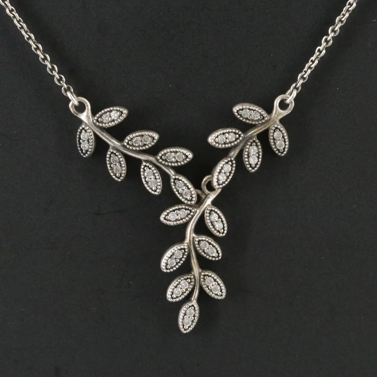 Pandora Sterling CZ Leaf Y Necklace