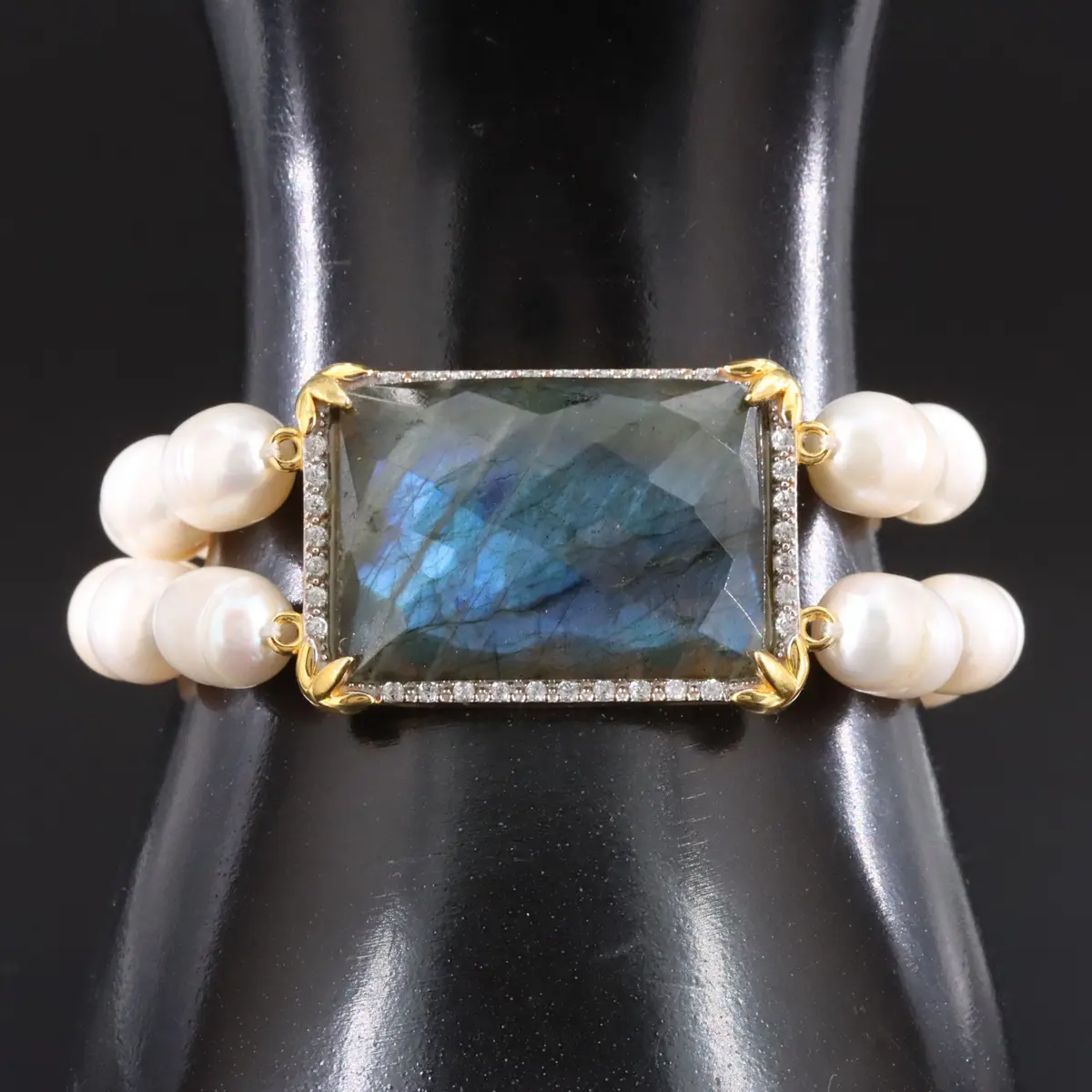 Sterling Pearl, Labradorite and Zircon Double Row Toggle Bracelet