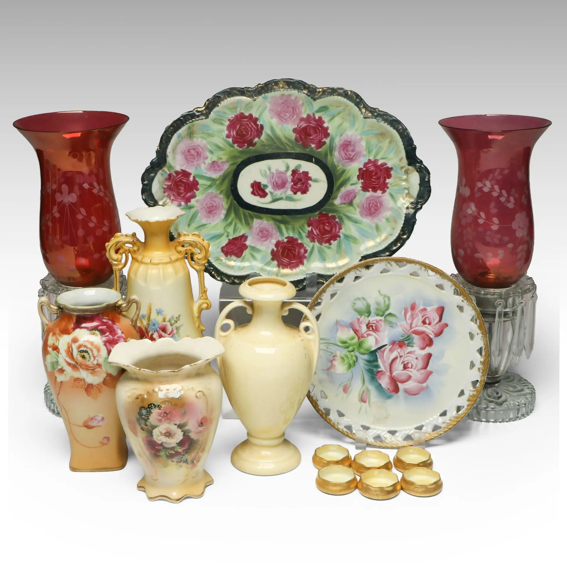 Pair of Cranberry Glass Mantel Lusters with Porcelain Tableware