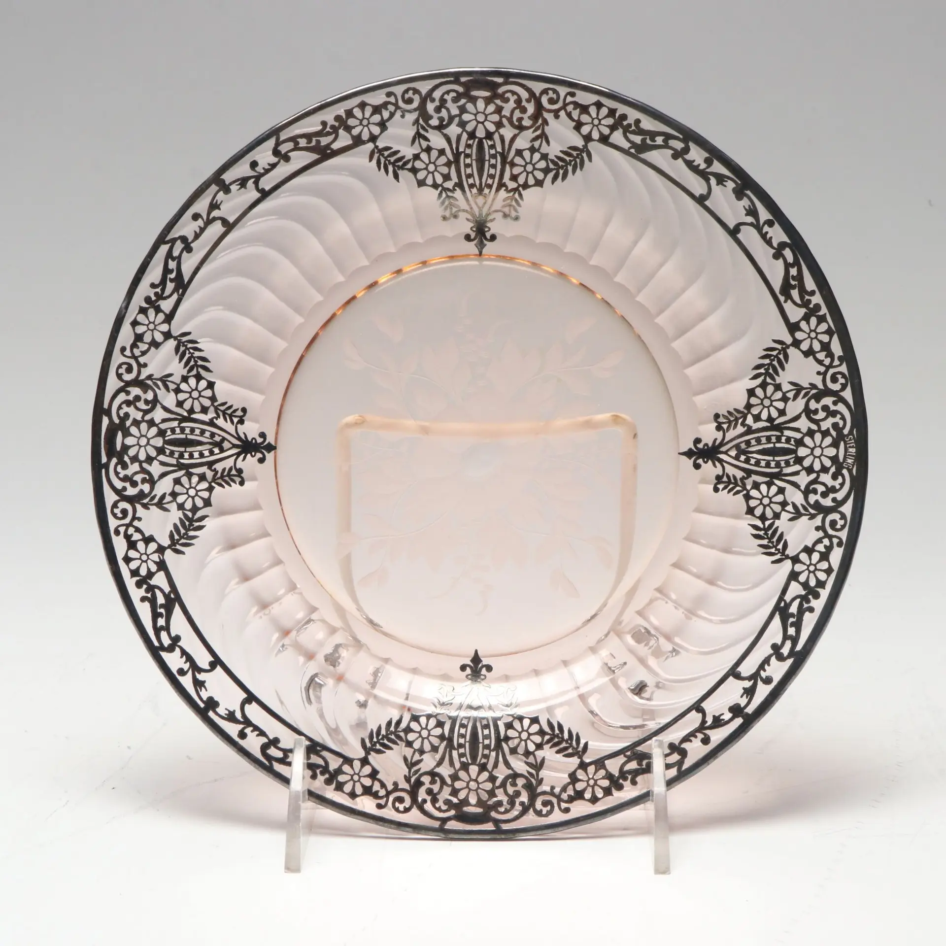 Art Nouveau Floral Etched Glass Plate with Sterling Silver Overlay