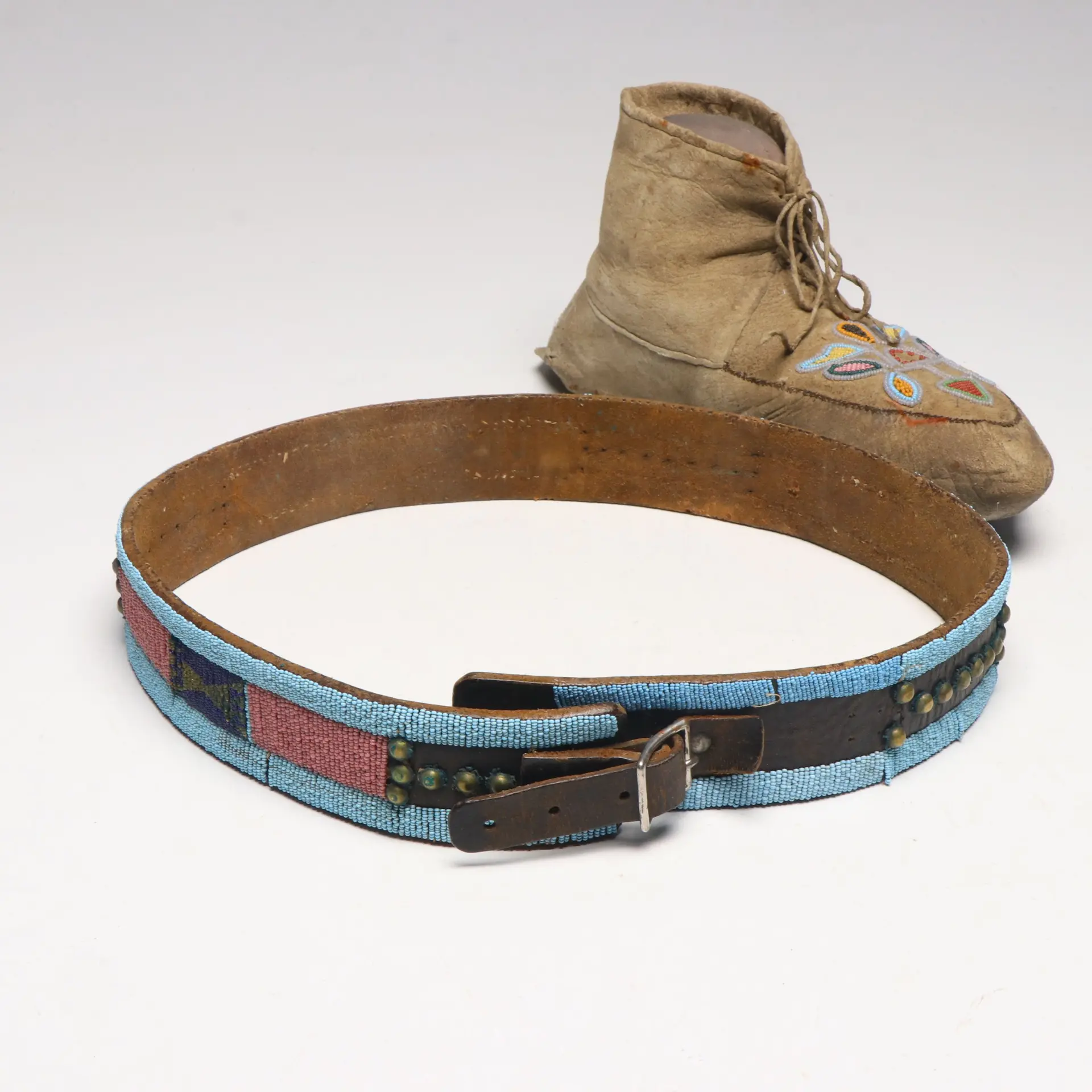 Native American Plains/Plateau Region Hide Moccasins with Beaded Belt