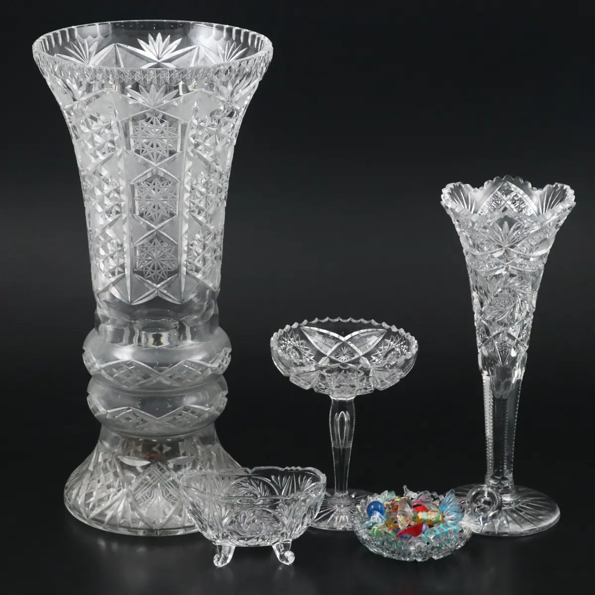 Bohemian Cut Crystal Vases and Bowls with Murano Glass Candy