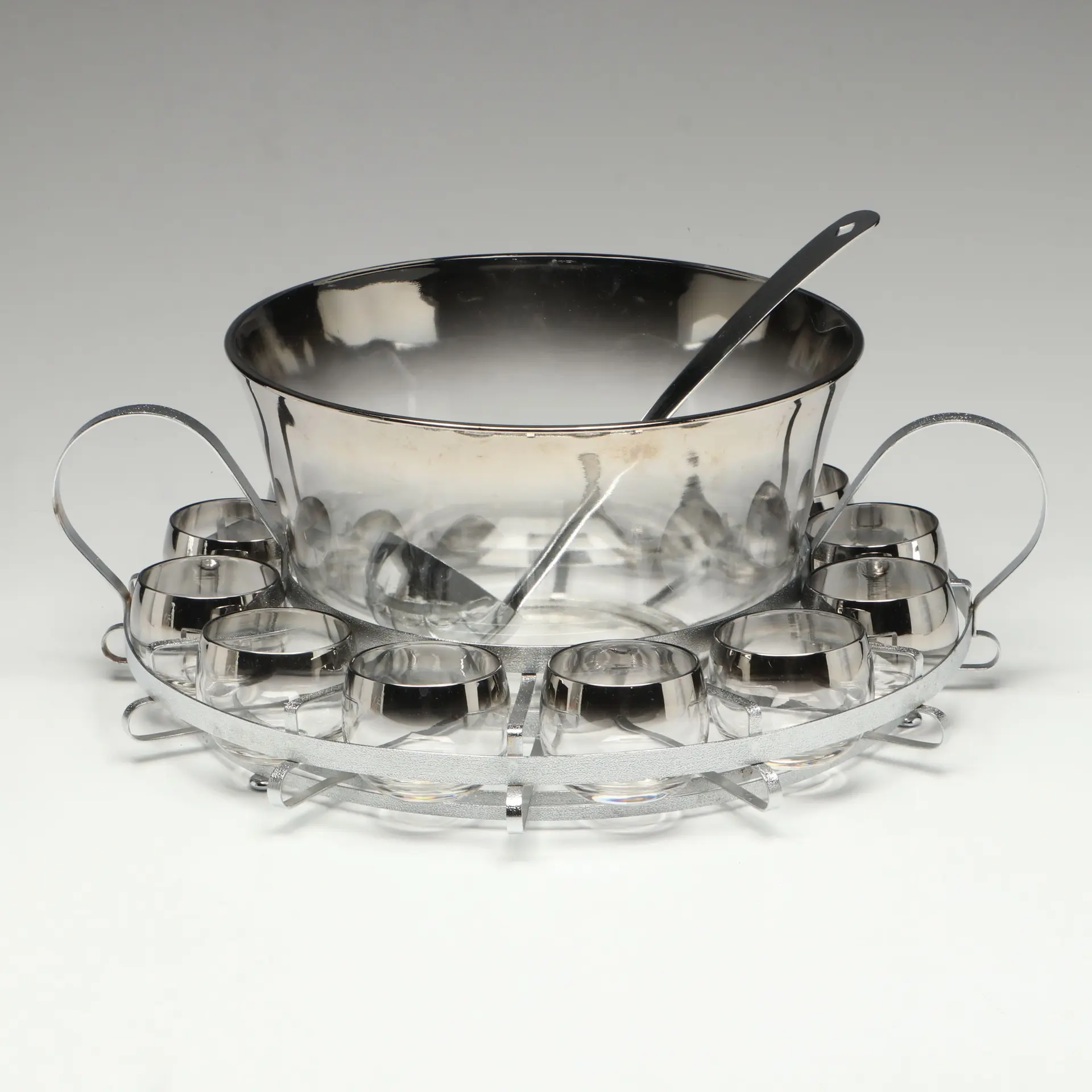 Dorothy Thorpe Mid Century Modern Silver Fade to Clear Glass Punch Bowl Set