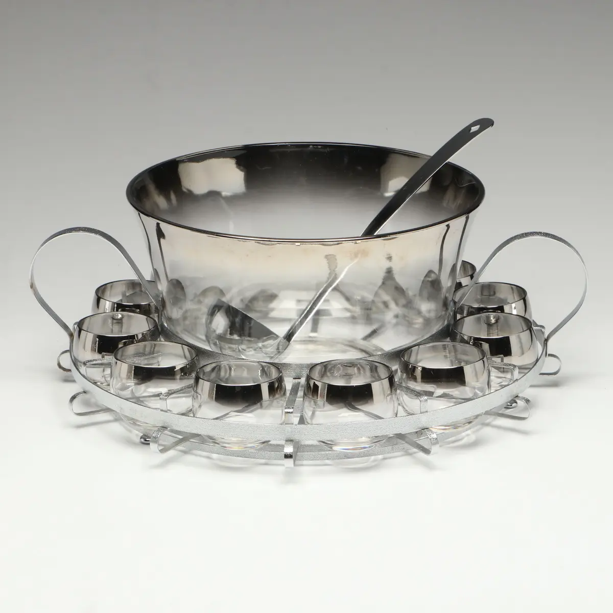 Dorothy Thorpe Mid Century Modern Silver Fade to Clear Glass Punch Bowl Set