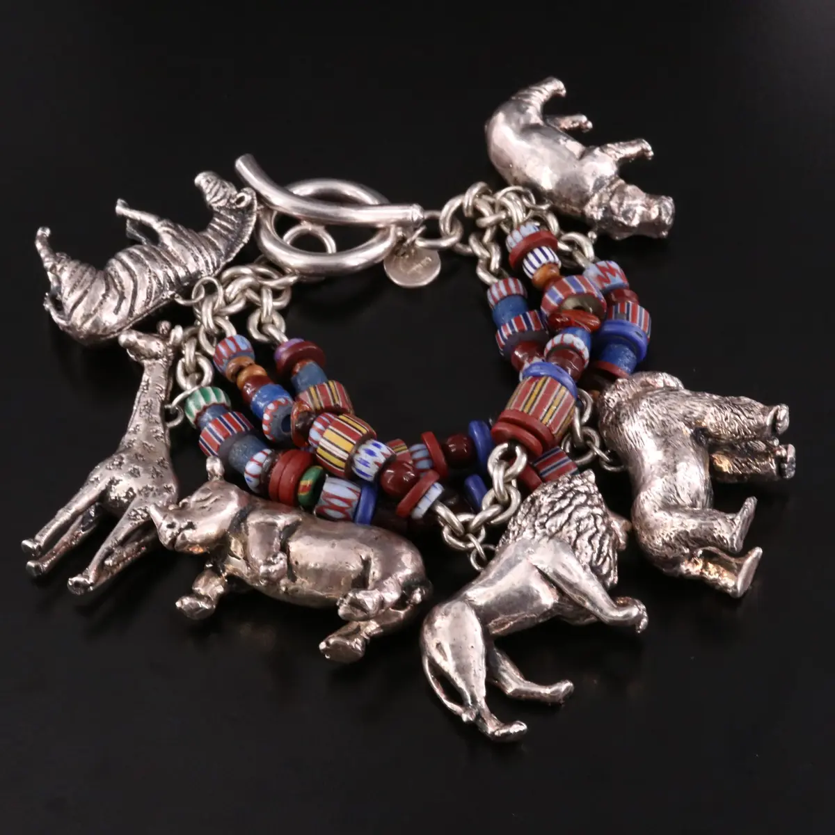 Susan Cummings "African Animals" Sterling & Electroformed Trade Bead Bracelet