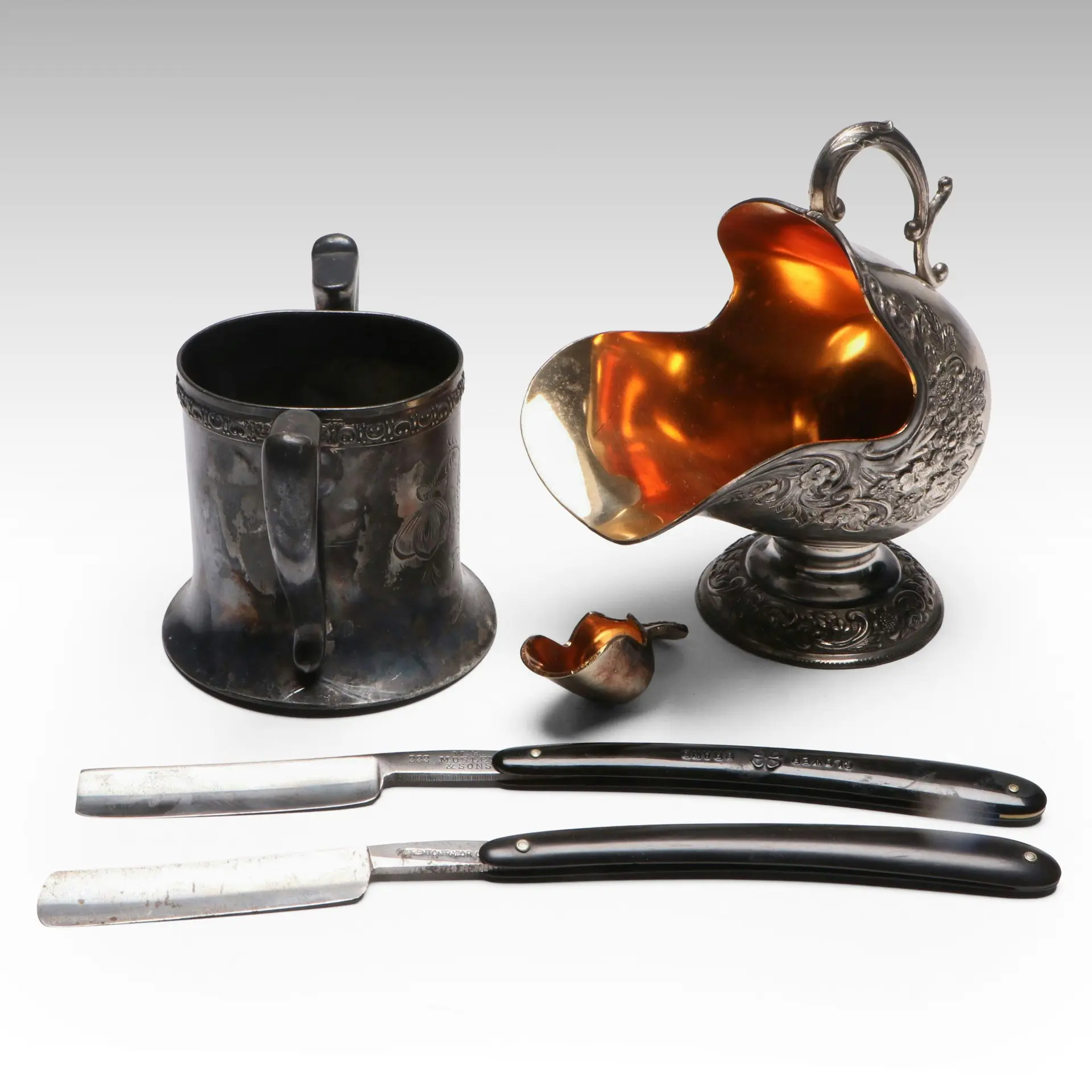 Leonard Silver Plate Sugar Scuttle and Scoop with Dual-Handled Cup and Razors