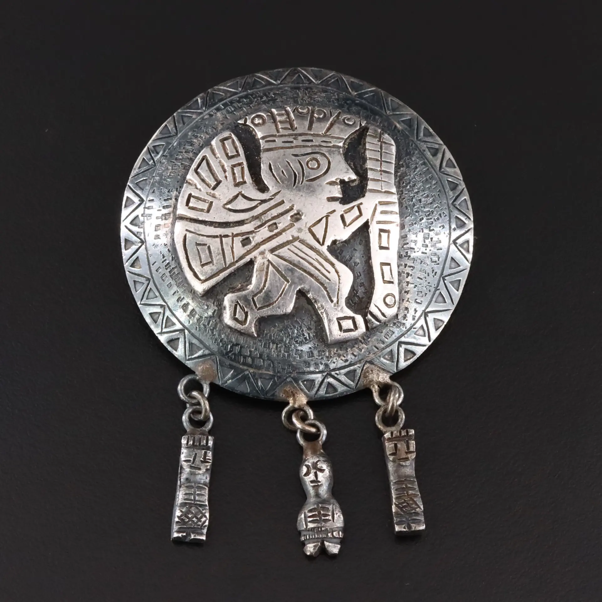 South American Style 900 Silver Mayan Brooch