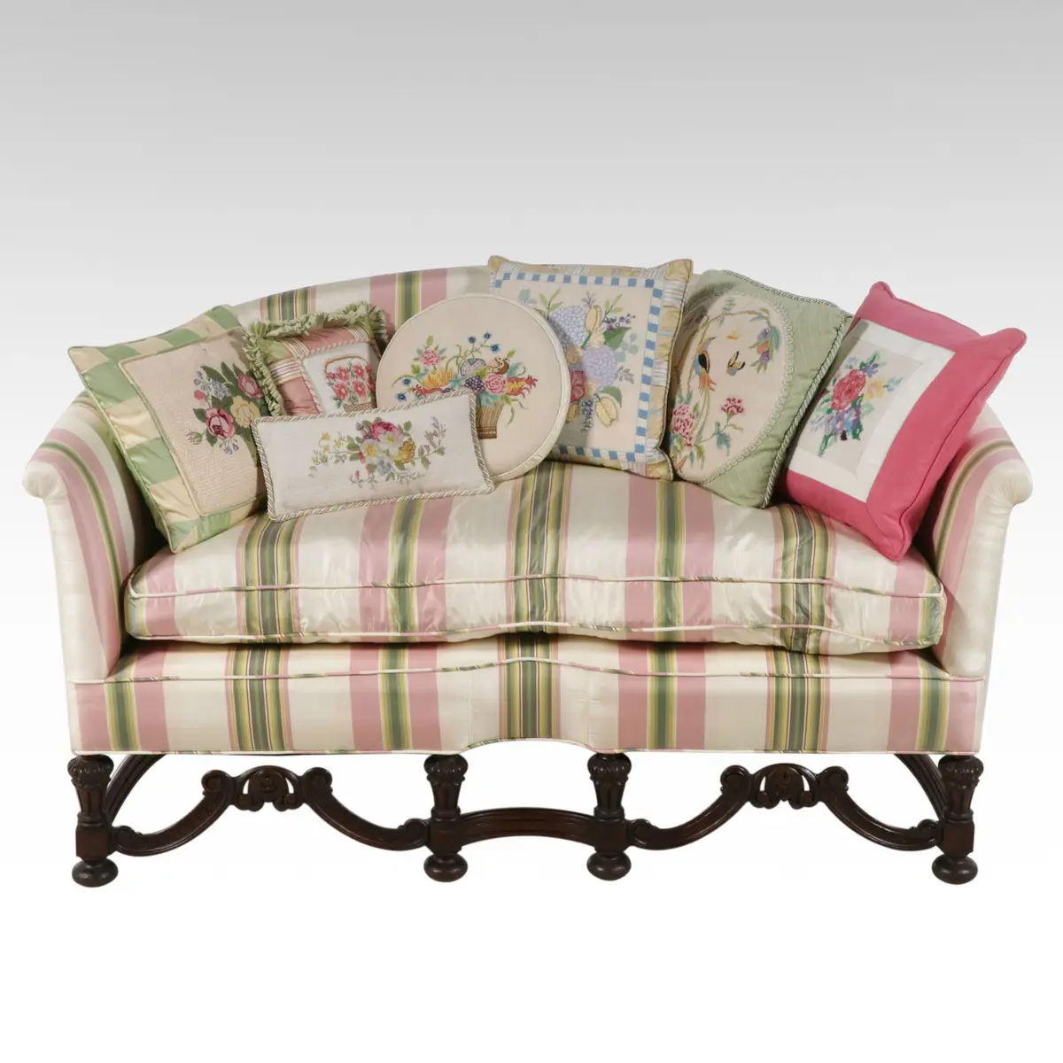 Baroque Style Carved Walnut and Custom-Upholstered Settee with Accent Pillows