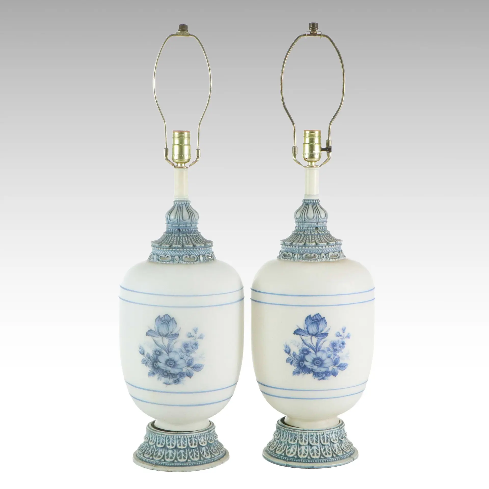 Pair of Blue and White Urn Form Table Lamps, Mid to Late 20th C.