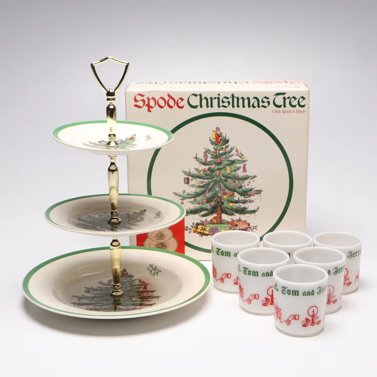 Spode "Christmas Tree" Tidbit Tray with Anchor Hocking "Tom and Jerry" Mugs