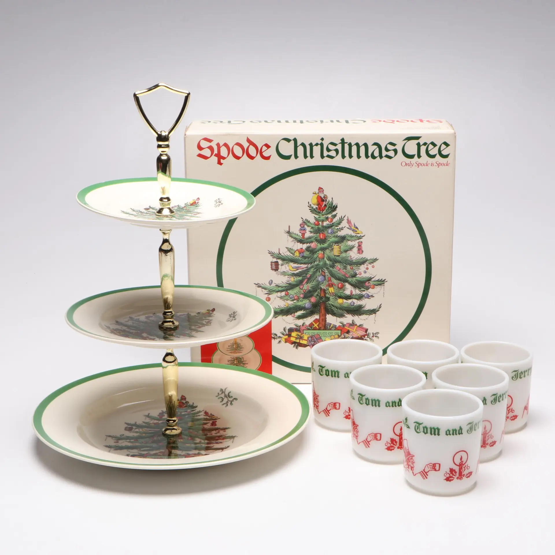 Spode "Christmas Tree" Tidbit Tray with Anchor Hocking "Tom and Jerry" Mugs