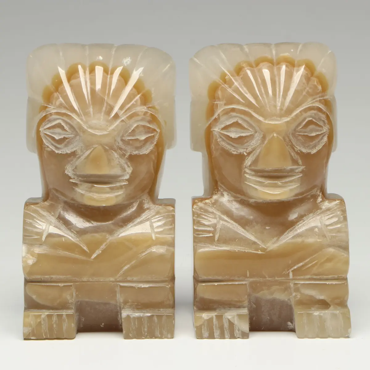 Hand-Carved Banded Calcite Aztec Warrior Bookends