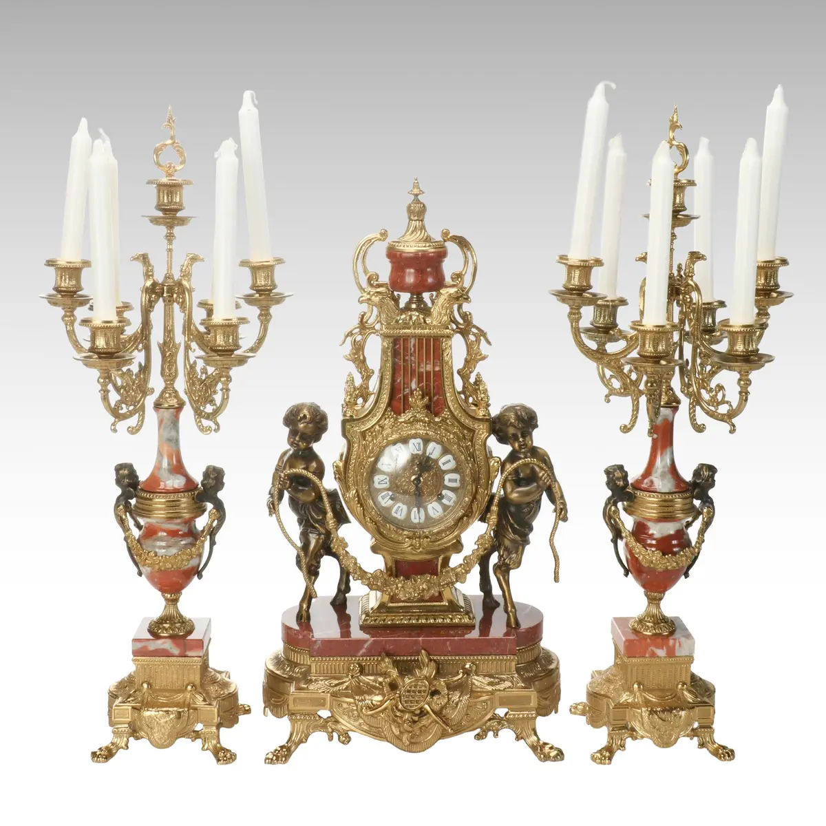 Franz Hermle Baroque Revival Gilt Metal and Marble Garniture