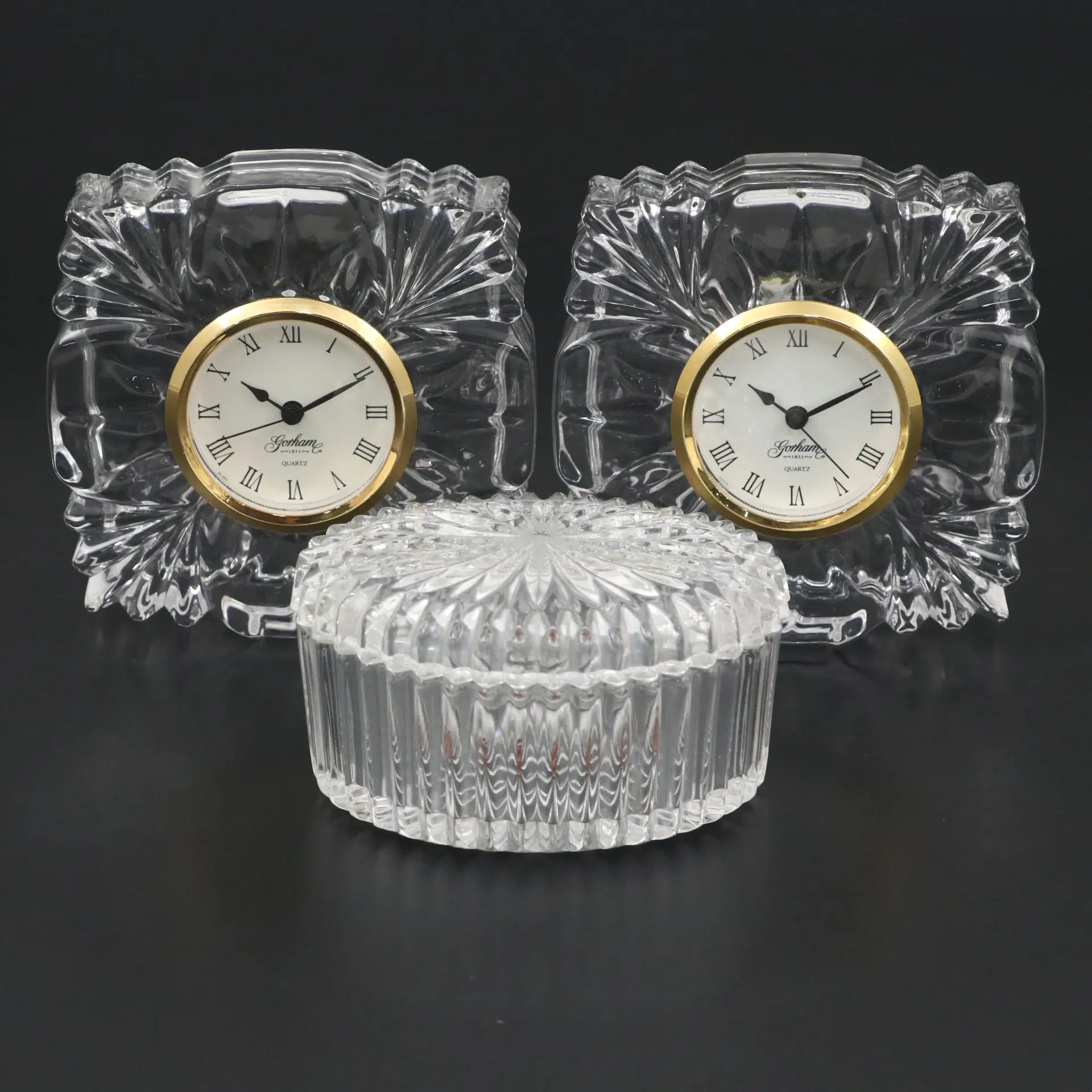 Gorham Crystal "Esprit" Quartz Clocks and "Chantilly" Oval Box