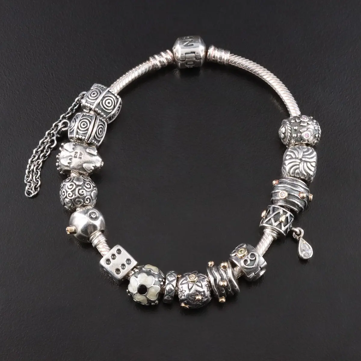 Pandora Sterling Bracelet with Bead Charms Including CZ and Enamel