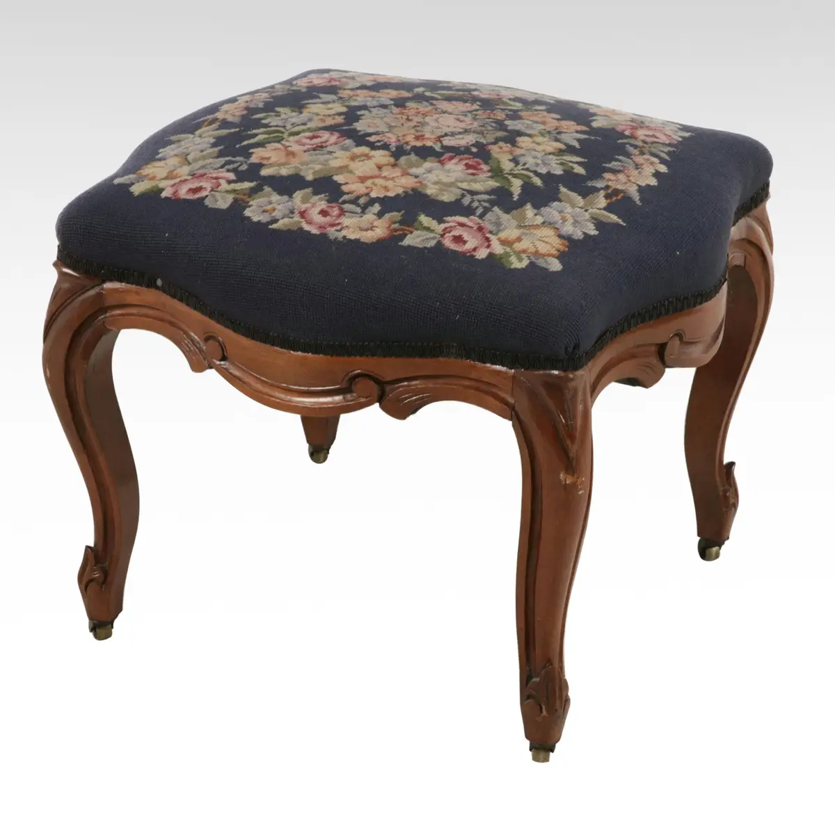 Victorian Rococo Revival Walnut and Needlepoint Stool, Mid to Late 19th Century