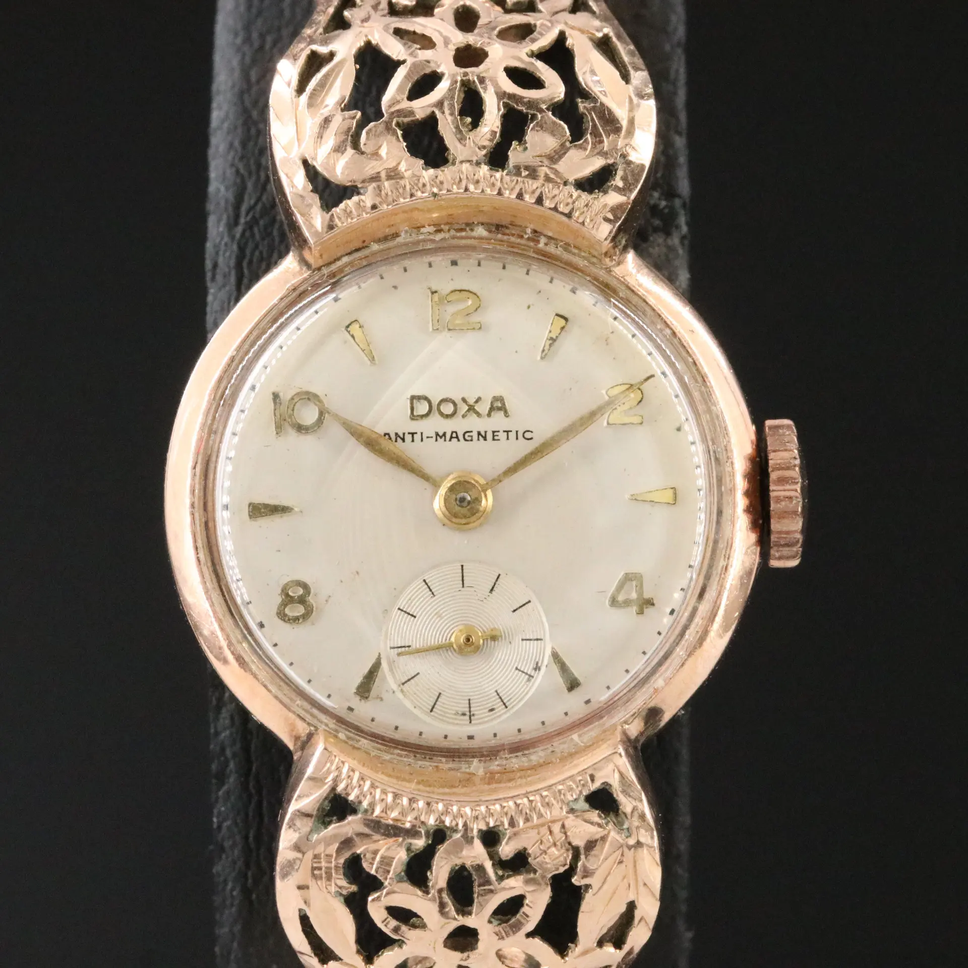 Swiss 14K Rose Gold Doxa Antimagnetic Custom Aftermarket Bracelet Watch.
