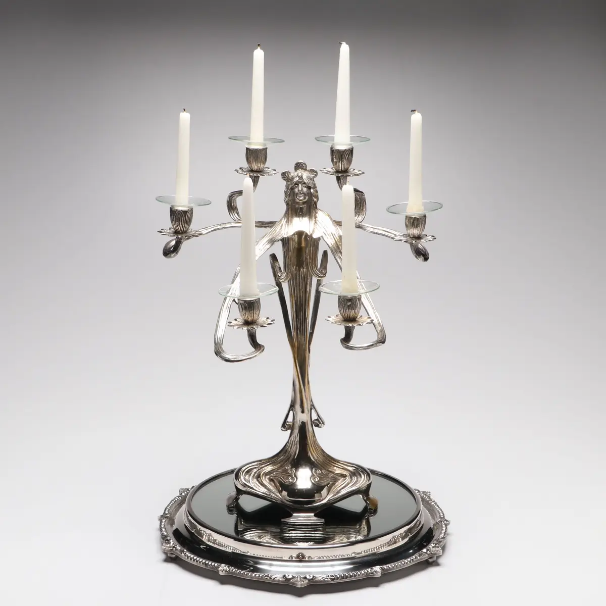 Achille Gamba Art Nouveau Style Figural Pewter Candelabra with Mirrored Tray