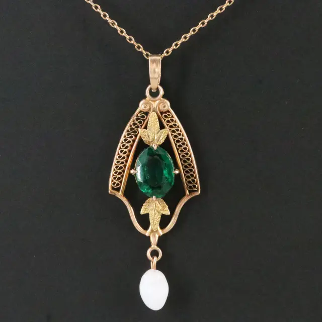 Art Nouveau 10K Glass and Faux Pearl Foliate Shield Pendant Necklace