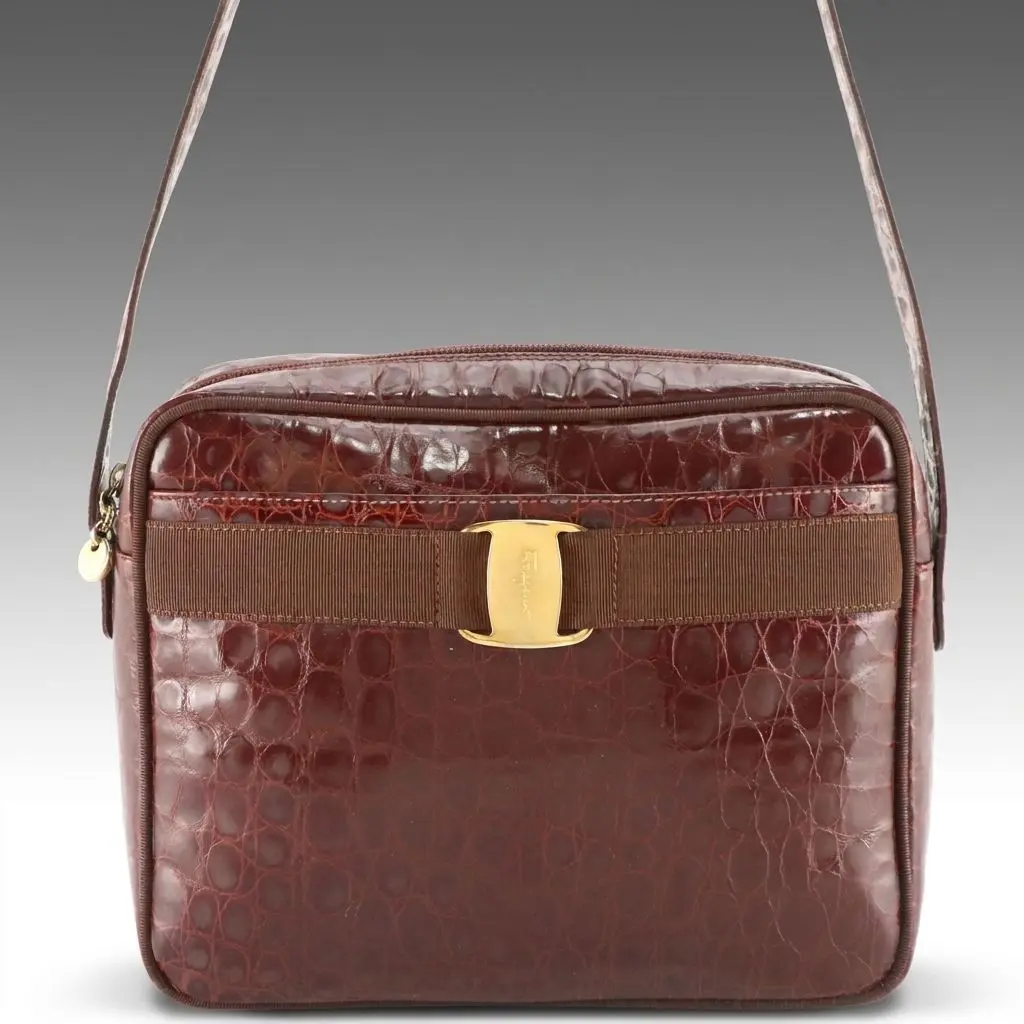 Salvatore Ferragamo Vara Buckle Camera Bag in Reptile Embossed Leather, Vintage