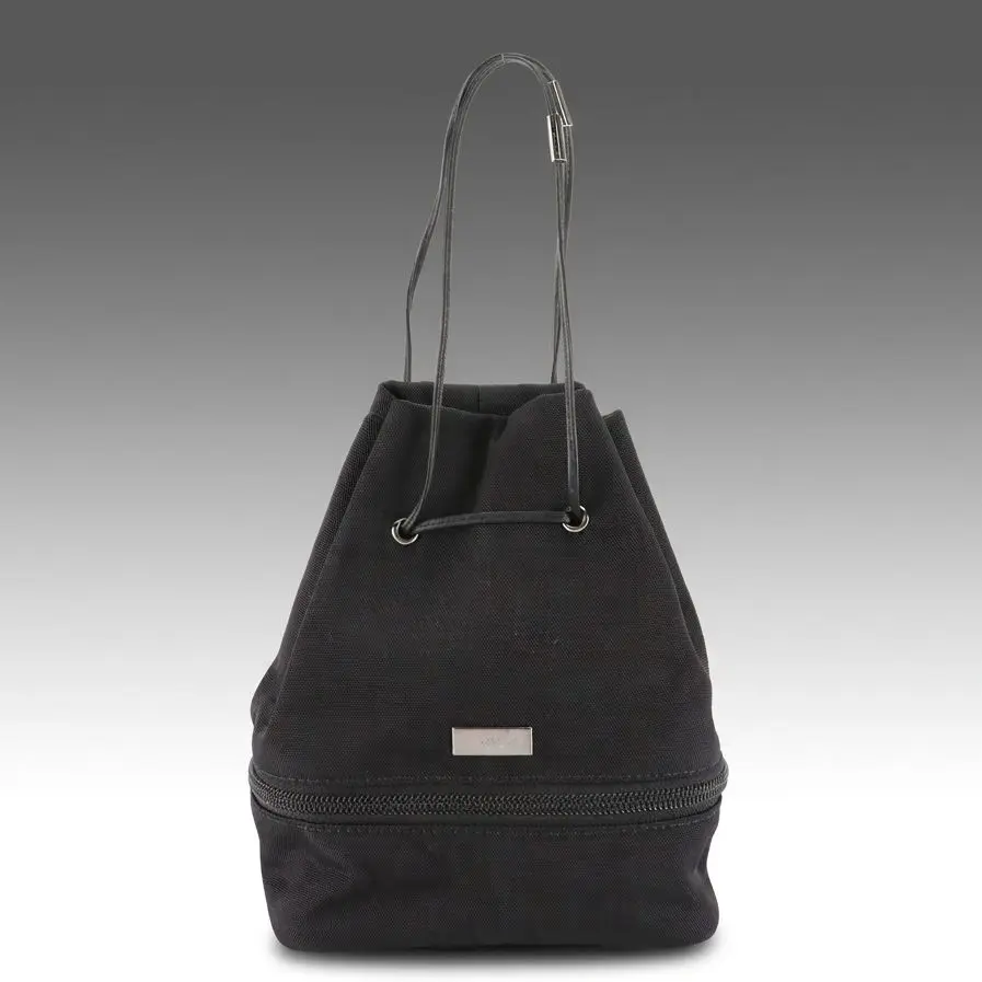 Gucci Mini Drawstring Bucket Bag in Black Nylon with Leather Trim