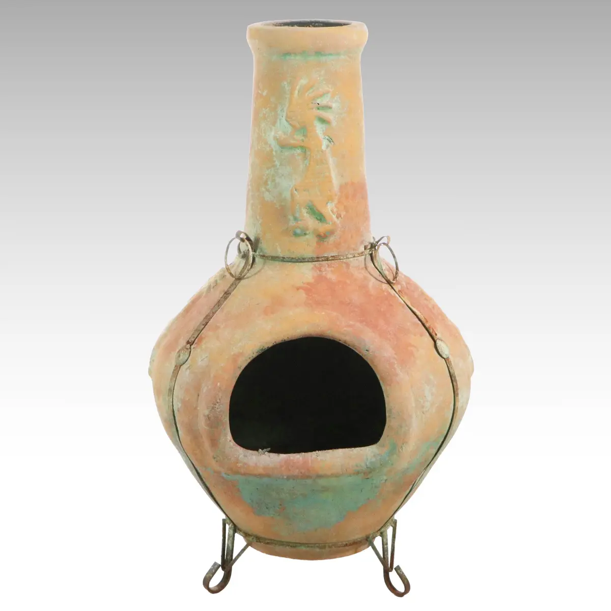 Terracotta Chiminea with Metal Legs and Kokopelli Relief