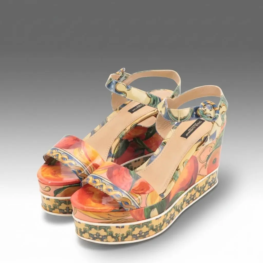 Dolce & Gabbana Majolica Platform Wedge Sandals in Patent Leather
