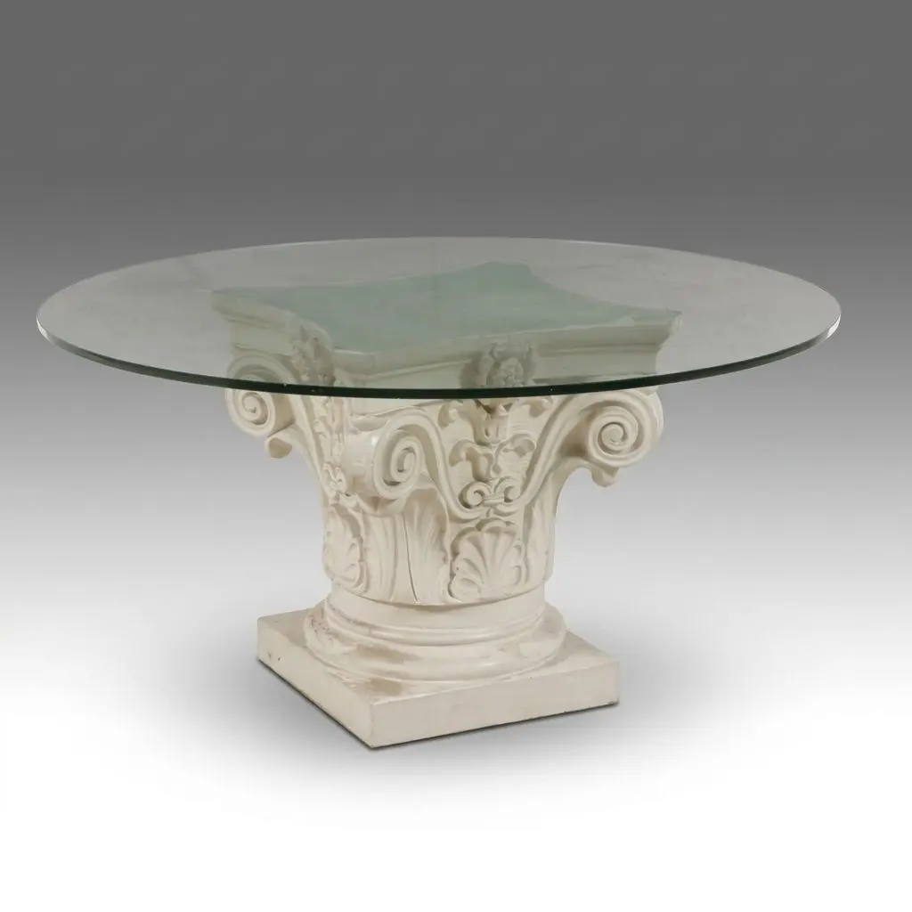 Neoclassical Style Corinthian Capital Pedestal Coffee Table with Glass Top