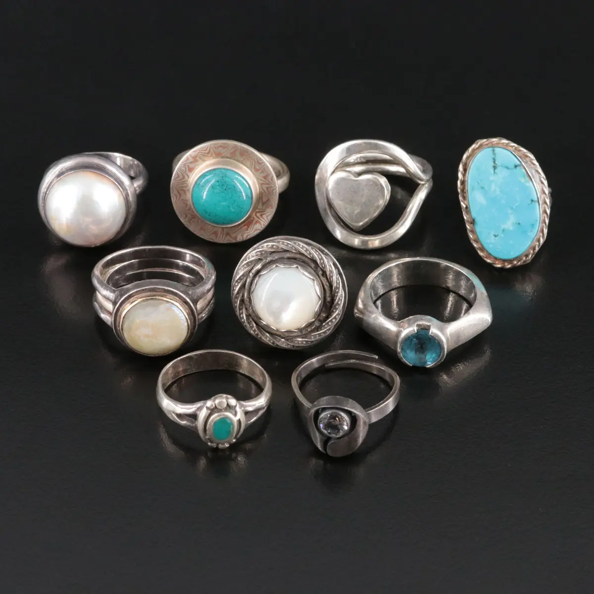 Pearl, Turquoise and Mother-of-Pearl Featured in Sterling Rings