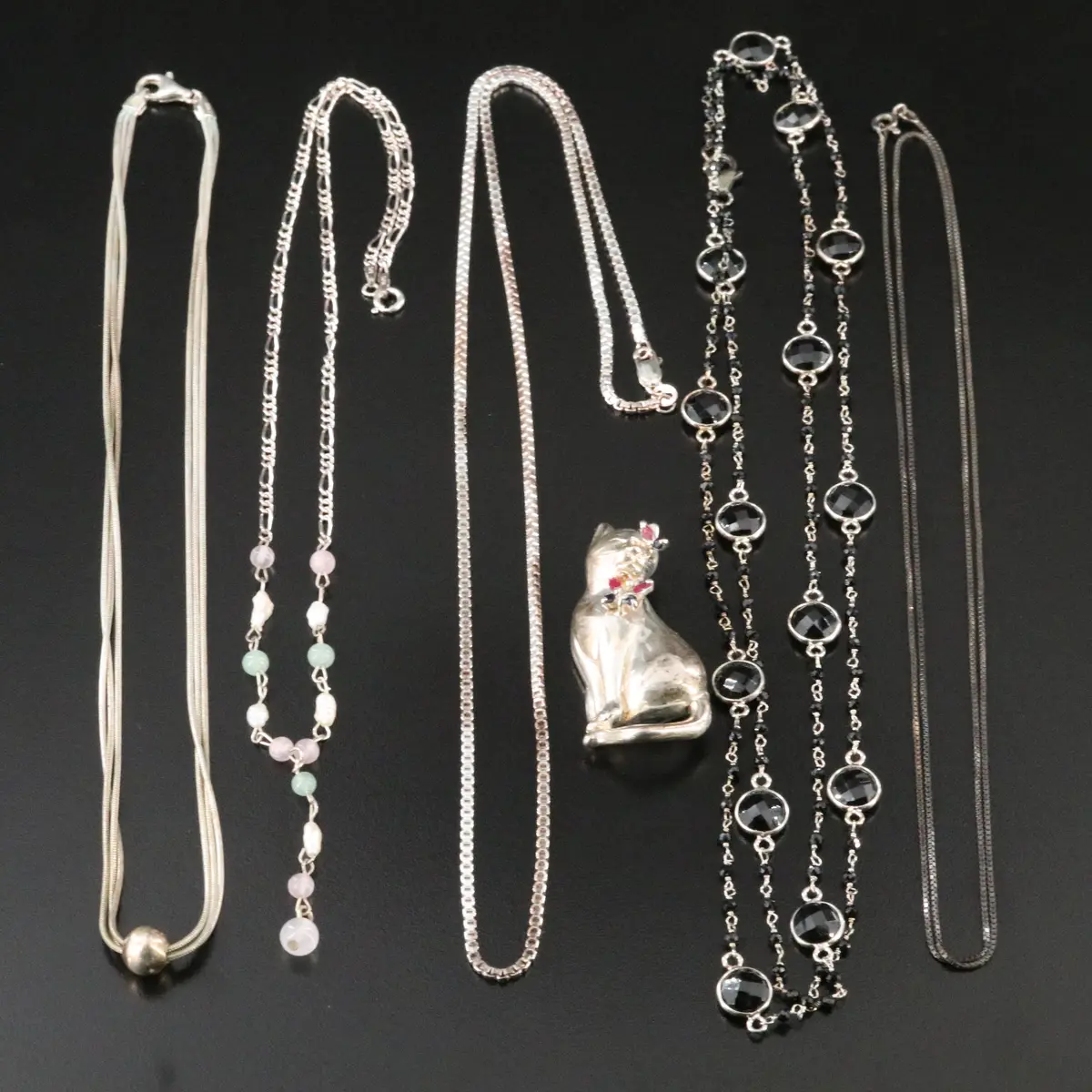Sterling Necklace and Cat with Butterfly Brooch Including Ruby, Sapphire