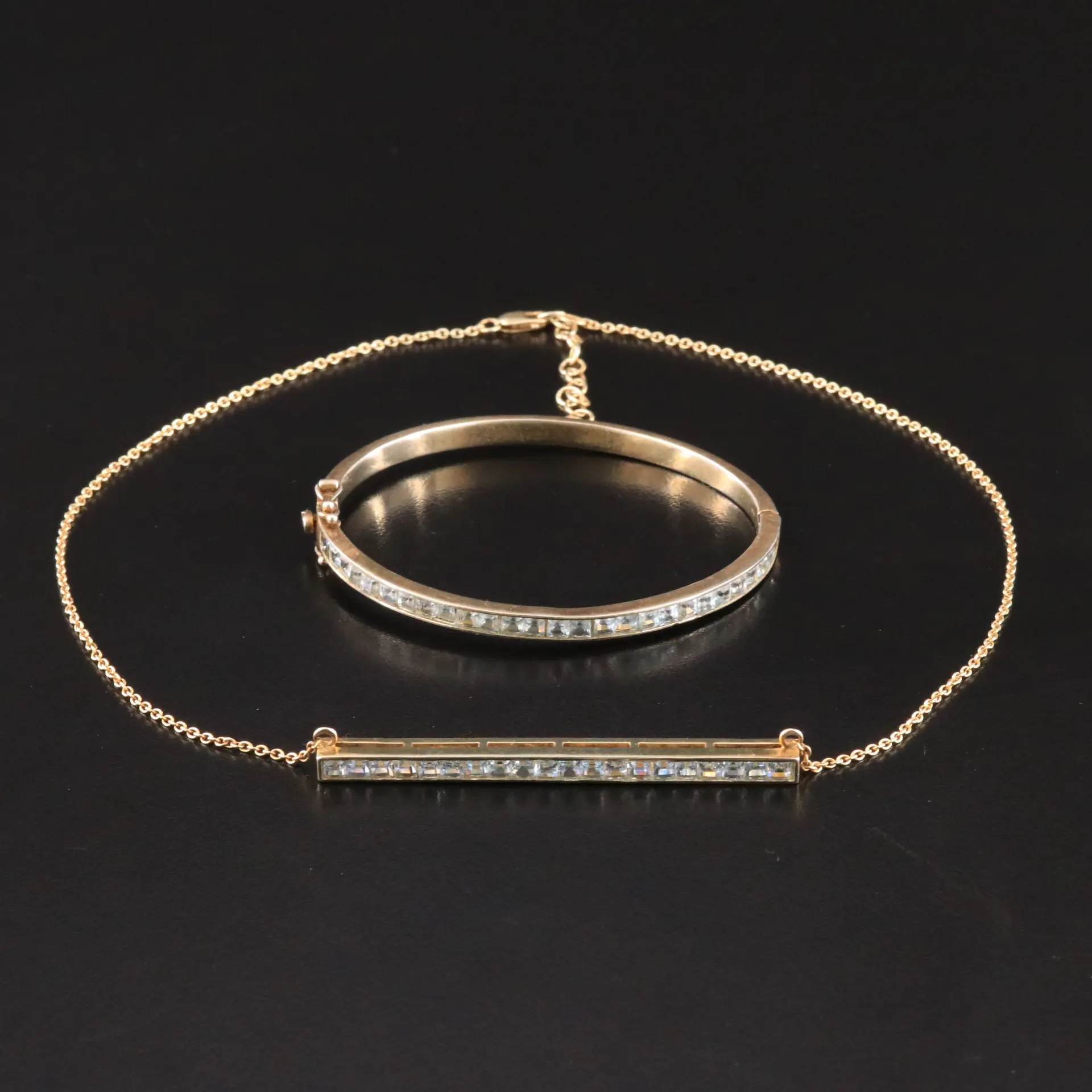 Sterling Sky Blue Topaz Bar Necklace and Hinged Bangle Bracelet