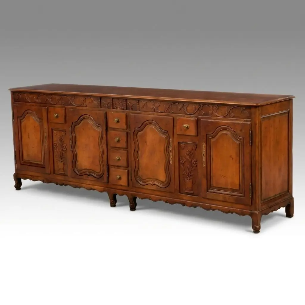 Baker French Provincial Style Carved Walnut Enfilade Sideboard, Late 20th C.