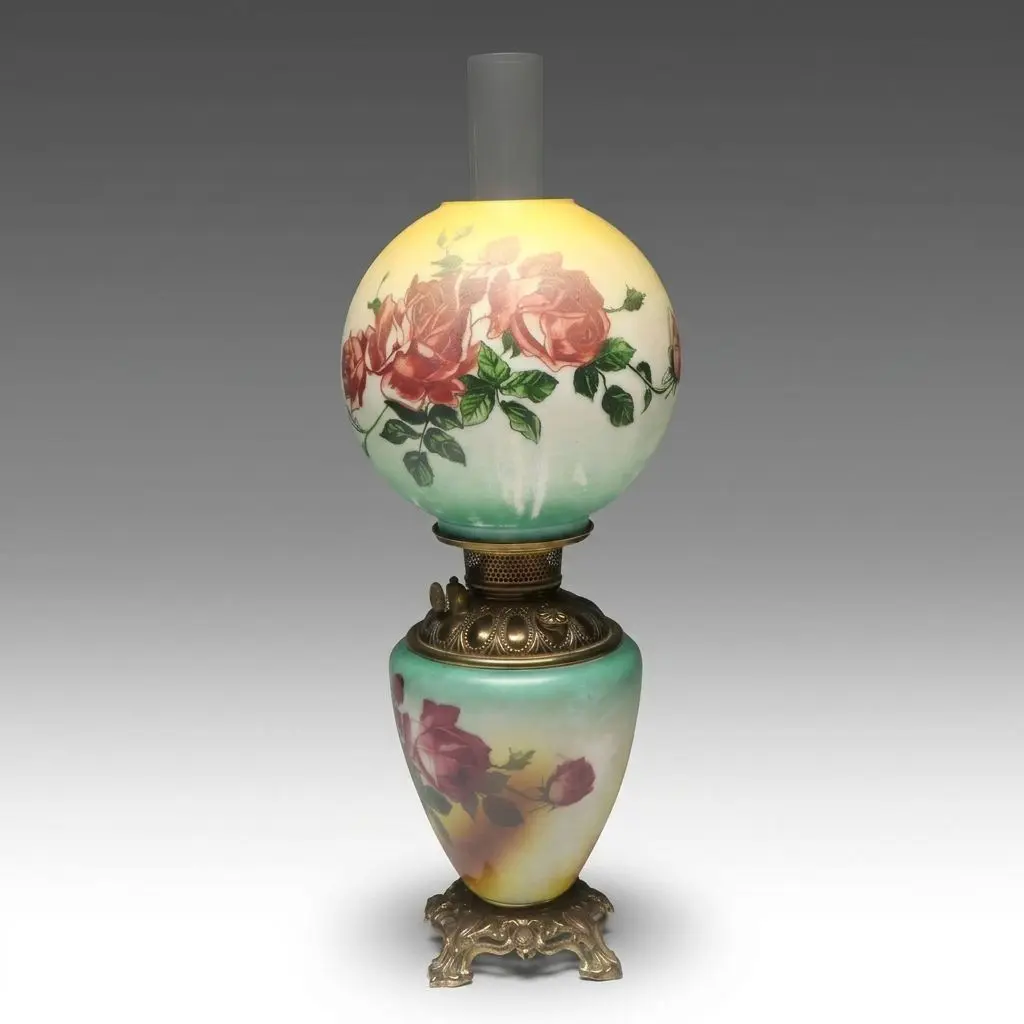 Victorian Style Rose Parlor Lamp with Hand-Painted Milk Glass Shade