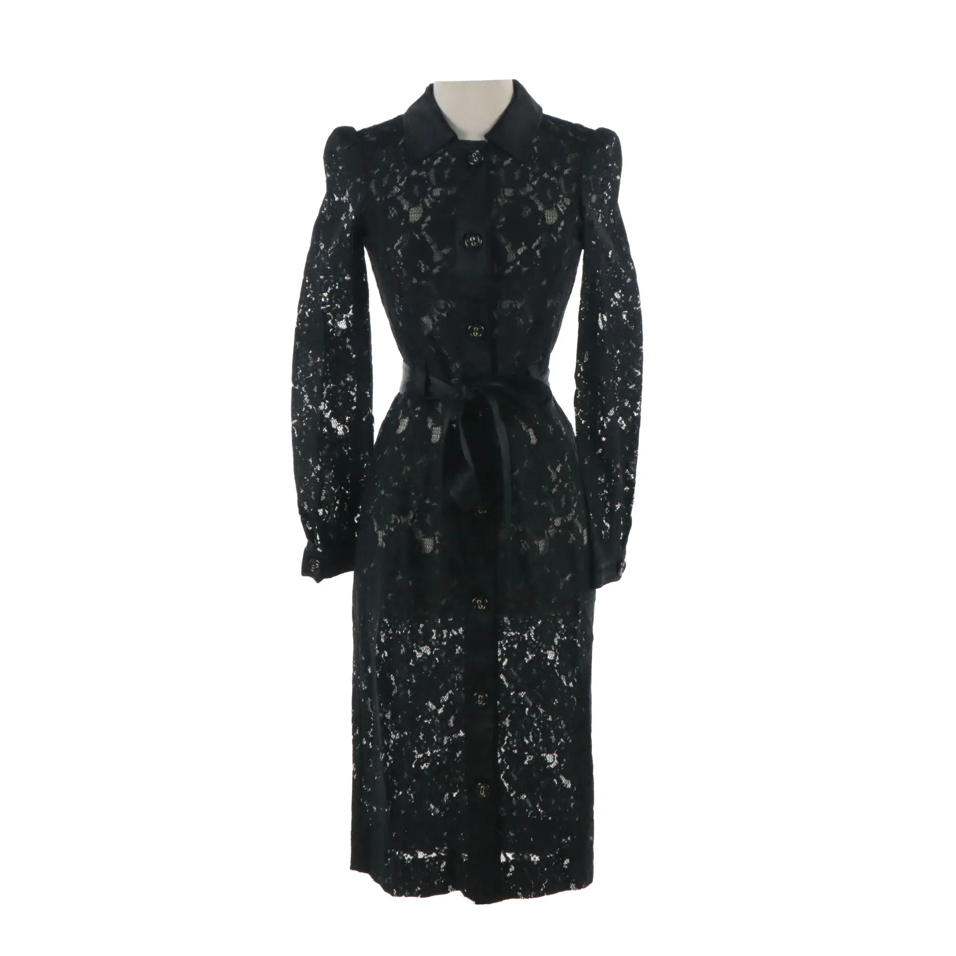 Dolce & Gabbana Belted Button-Front Dress Coat in Black Silk Blend Lace