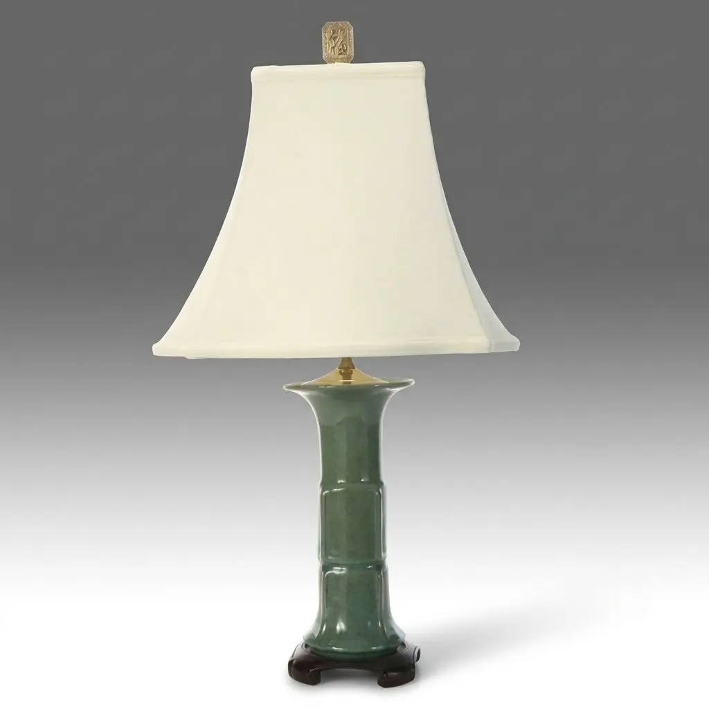 Chinese Ceramic Bamboo Style Table Lamp with Bell Shade, Vintage