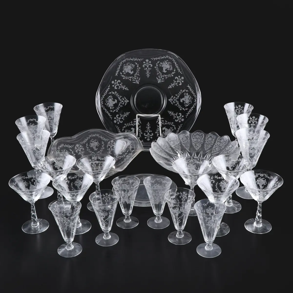 Fostoria "Mayflower" Stemware and More Etched Glassware, Mid-20th Century