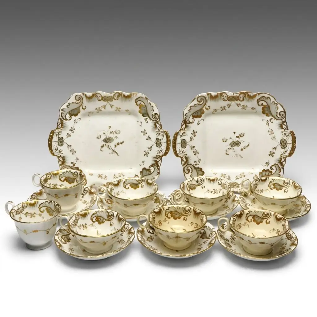Floral Gold Gilt Ceramic Platters, Teacups and Saucers, Vintage